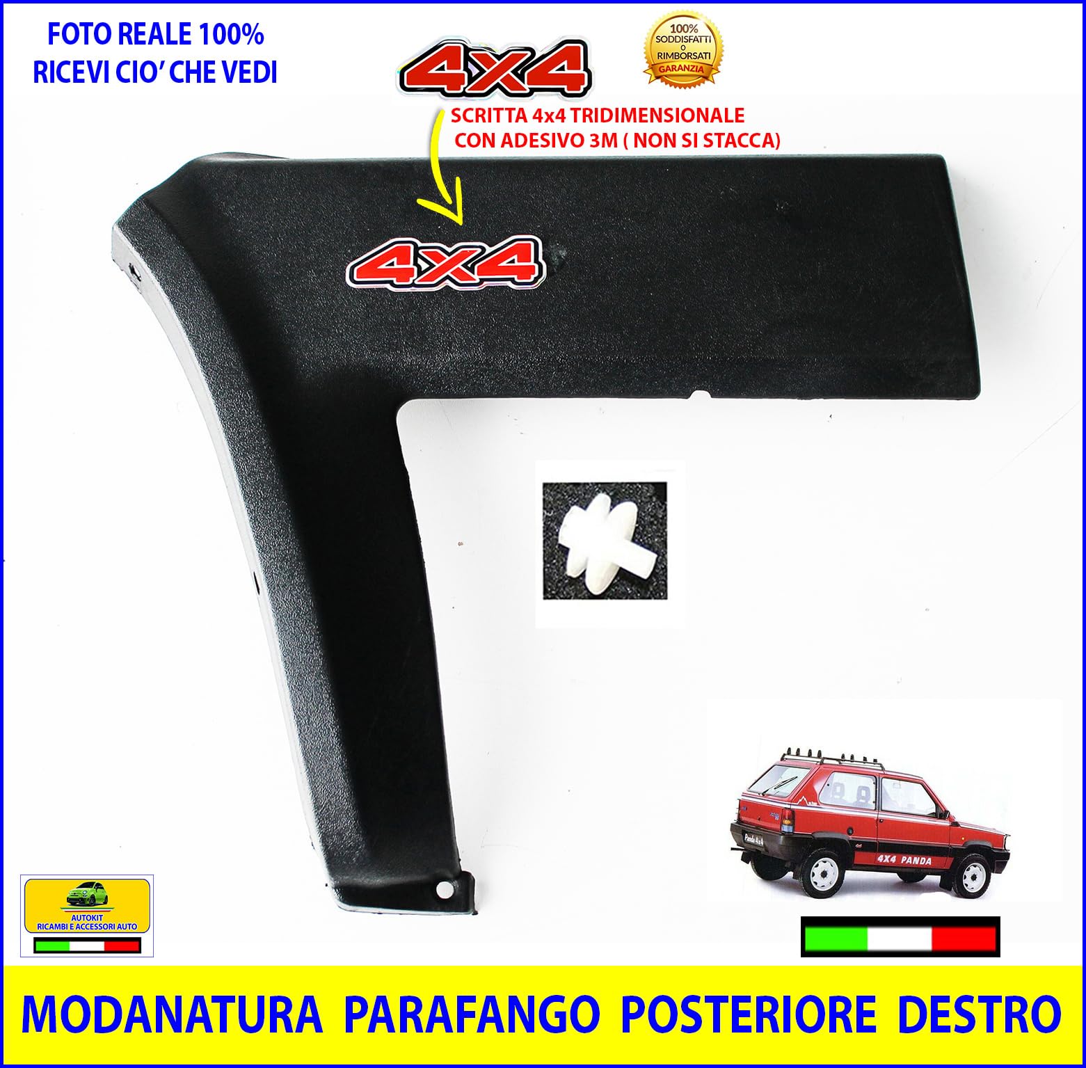 MODANATURA LATERALE PARAFANGO Posteriore Destro con scritta 4x4 + Bottone di Fissaggio Specifica COMPATIBILE con Panda 4x4 modello 141 prodotte dal 1986 al 2003-3552334 - 14113