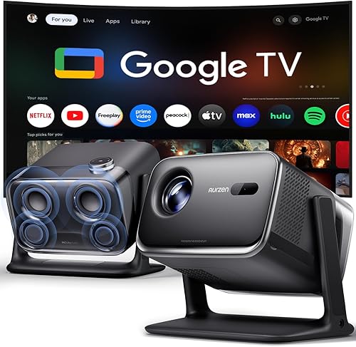Aurzen BOOM - Mini proyector inteligente Google TV con WiFi y Bluetooth, control de voz, modo familiar, audio Dolby de 20 W, enfoque en tiempo real,