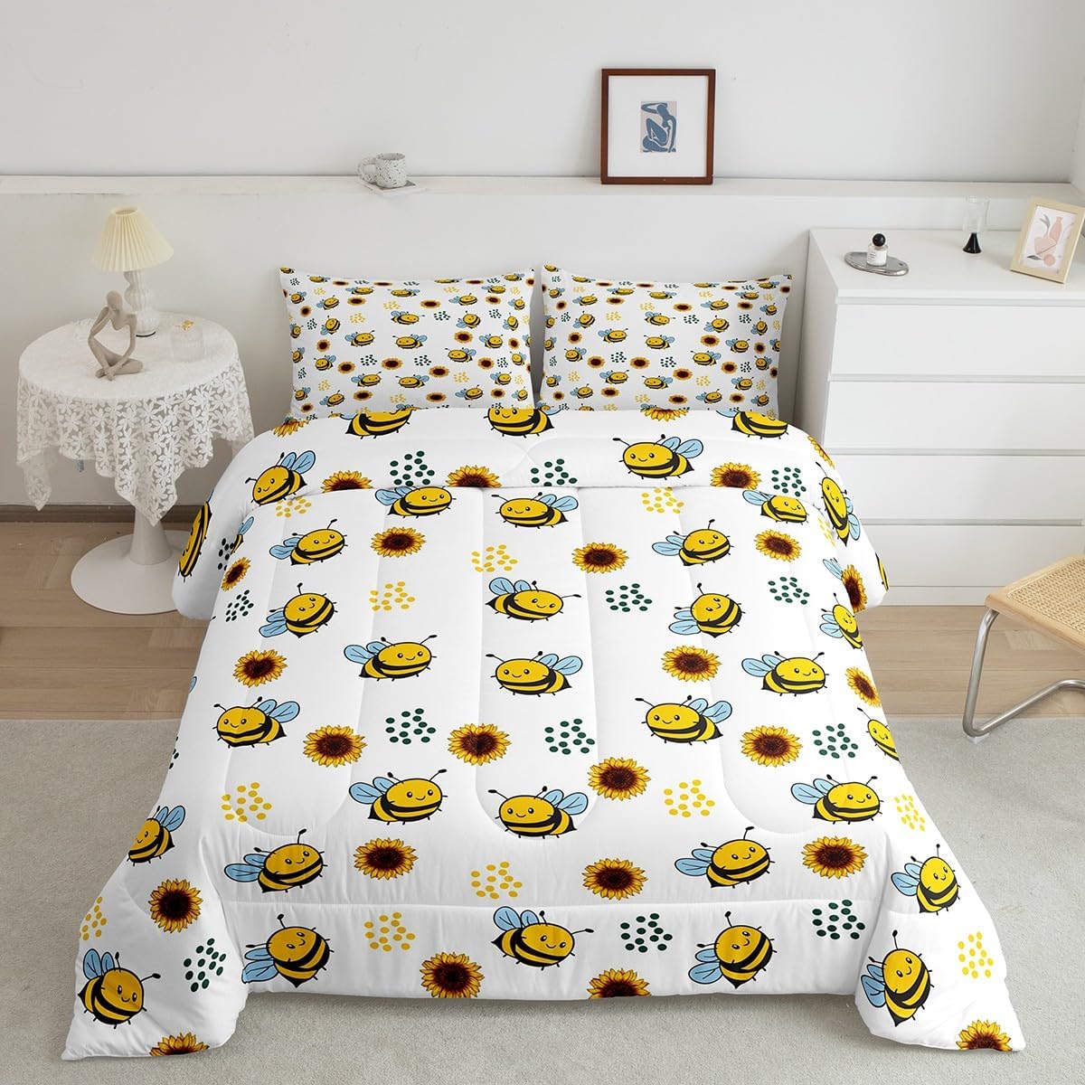 Feelyou Cute Bee Comforter Set Twin Size Kids Garden Bee Sunflower Bedding Set for Boys Girls Floral Flowers Decor Comforter Honey Animal Duvet Set Bedroom Quilt Set
