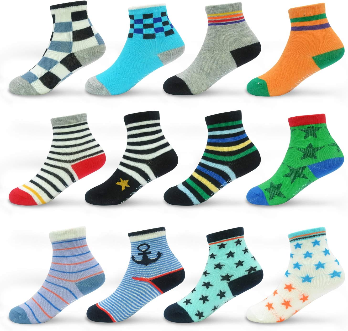 Toddler Grips Socks, Non Slip Kids Toddlers Boys Girls Grippy Child Socks with Grippers for 1-7 Years Old,12 Pairs