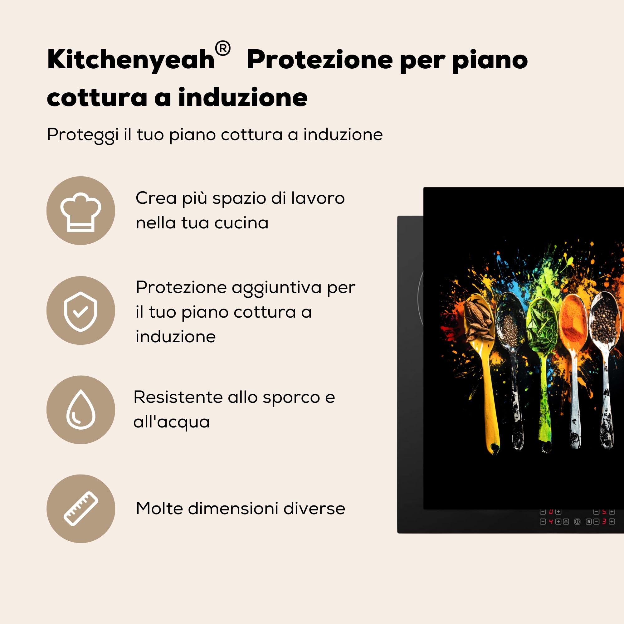 KitchenYeah© Coperchio Piano Cottura 60x52 cm Cucina Copri Fornelli Tappetino Induzione Antiscivolo Piastra Protezione Cucchiai - Spezie - Moderno - Graffiti - Colore