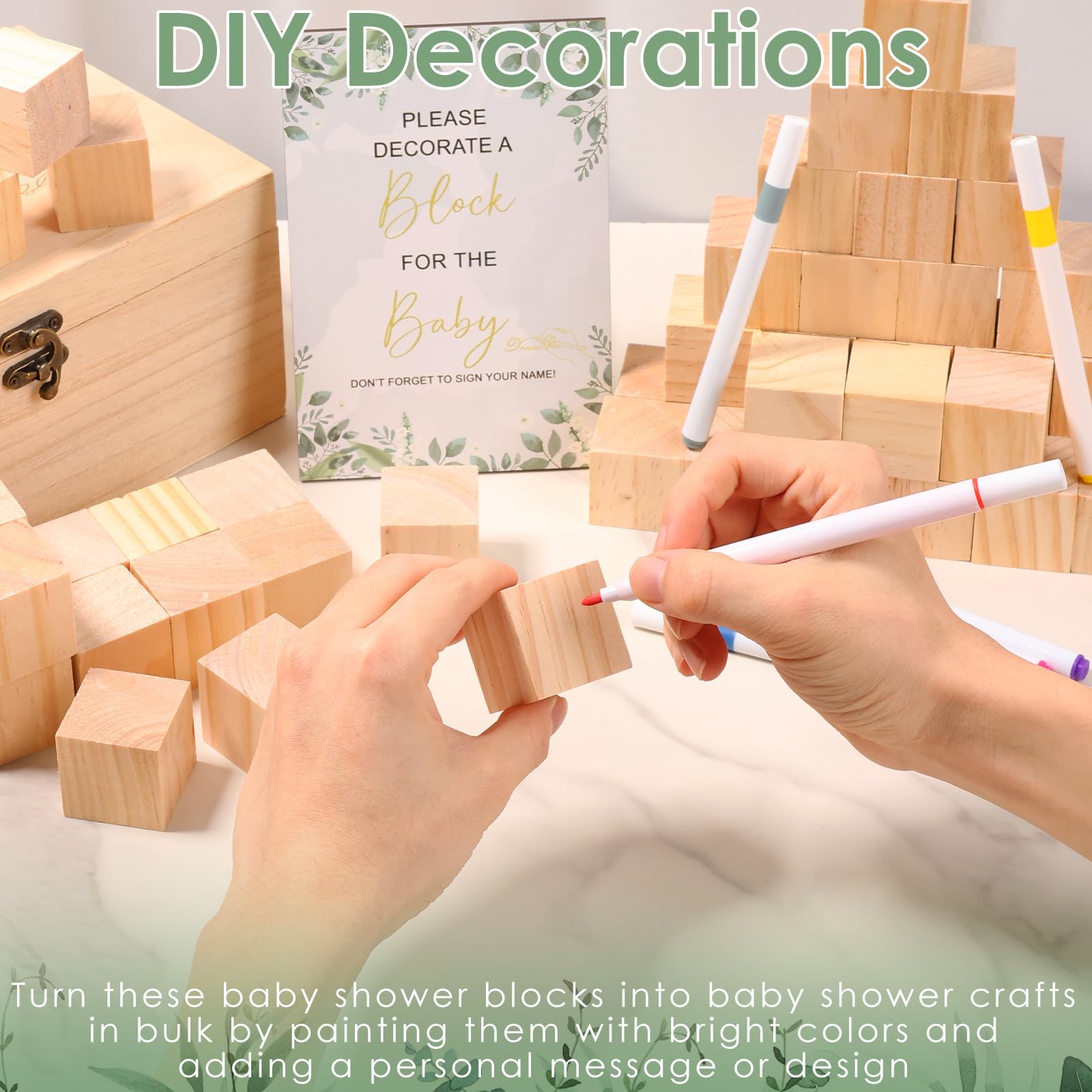 Zestaw 78 sztuk klocków na baby shower, do malowania baby shower, zabawy z długopisami, drewnianymi klockami, tabliczkami i drewnianymi pudełkami, na baby shower i imprezy dla płci (kolor naturalnego