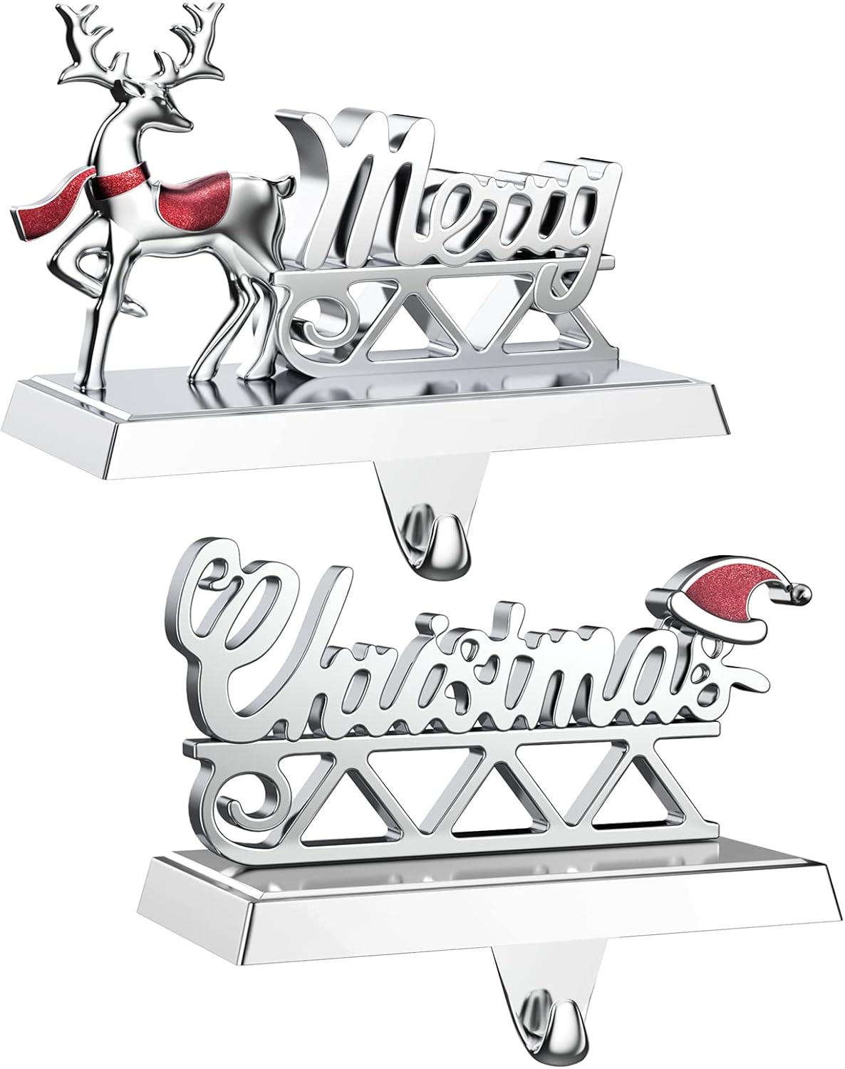 SMINDER Merry Christmas Stocking Holders Set of 2 - Christmas Reindeer Mantle Stocking Hangers -Stocking Holders for Mantle- Weighted Shiny Silver Metal Deer Home Holiday Décor