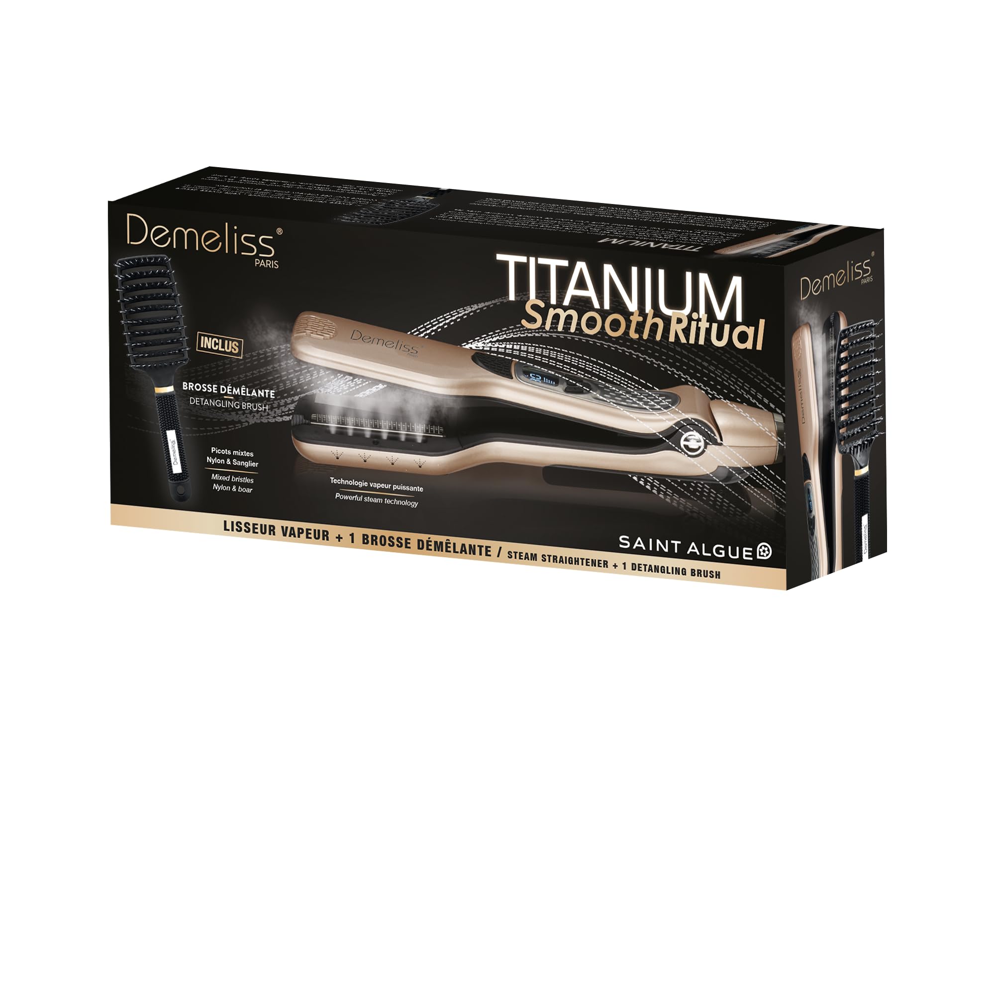 Demeliss Saint Algue – Estuche alisador de vapor Titanium SMOOTH RITUAL – Incluye cepillo desenredante ventilado – alisado de alto rendimiento, hidratación intensa – para todo tipo de cabello