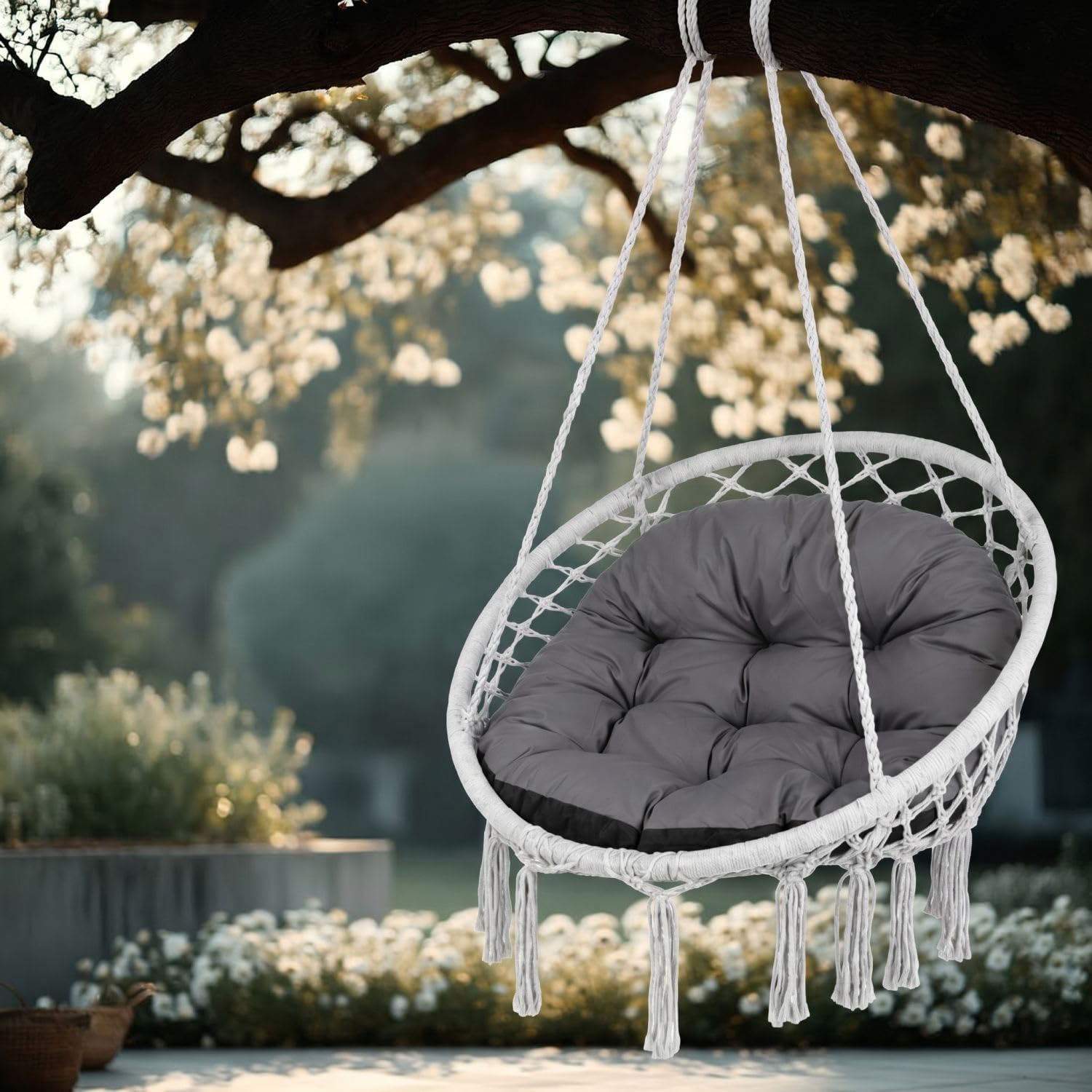 Green Blue GB243 GR Rundes Gartenkissen, 110 cm, für Storchennest, Kokon und Papasan-Sessel, grau, Dicke 13–15 cm, gesteppt, Füllung: Silikonkügelchen (Kokon ist Nicht im Lieferumfang enthalten)