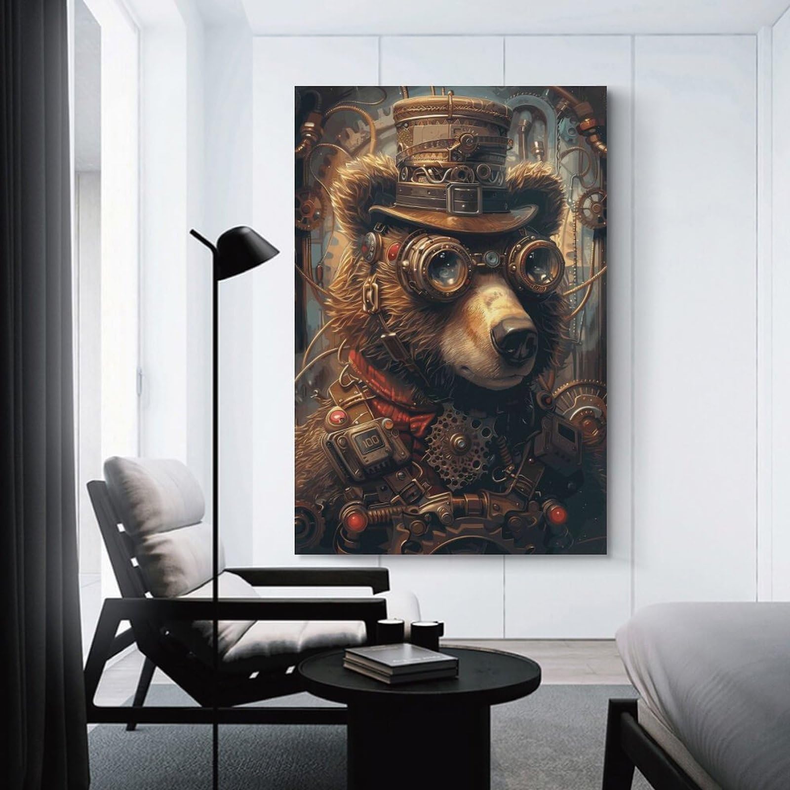 Junmoney Animal Steampunk Bear Canvas Wall Picture, 08x12inch(20x30cm), for Bedroom Walls, Guest Spaces Or Lounges, Stylish Decor for A Restful Room Update