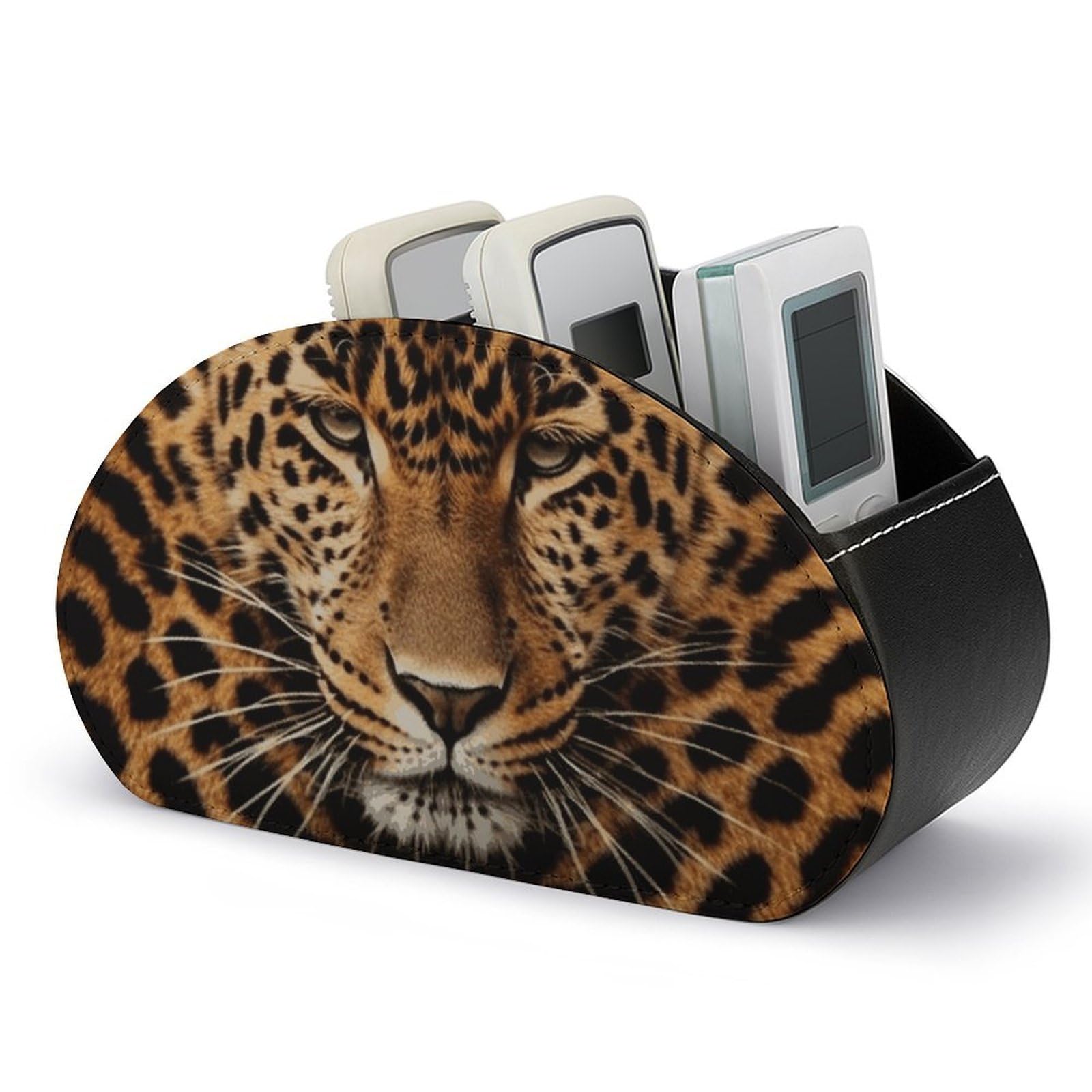 NTVOWPZO Depict A Leopard Remote Control Holder with 5 Compartment Organizer Box, Leather TV Remote Holder Organizer Caddy for Table, PU Leather Remote Box for Nightstand Office Desk Storage Box