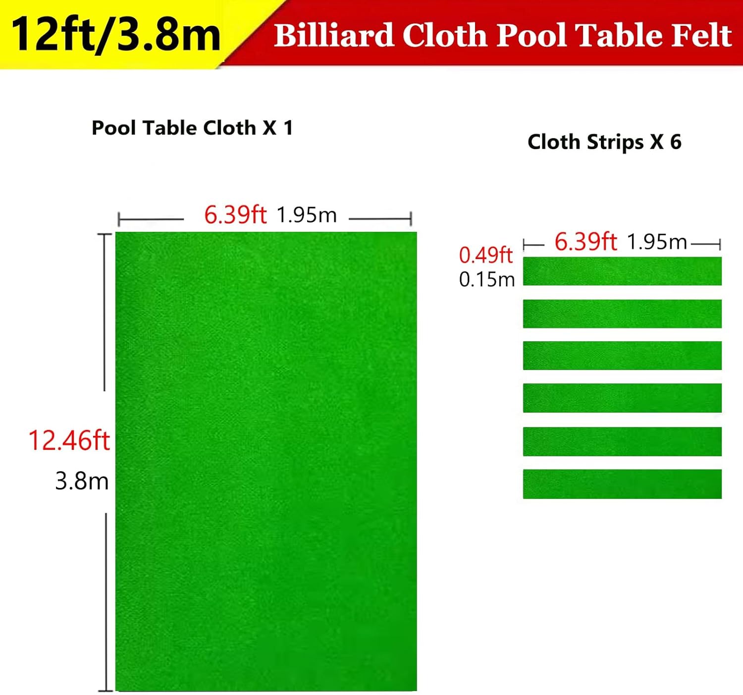 Green Wool Blend Billiard Cloth with 6 Cloth Strips, Pre-Cut Pro Pool Table Felt for American 8-Ball 9-Ball Tournaments & Snooker Practice