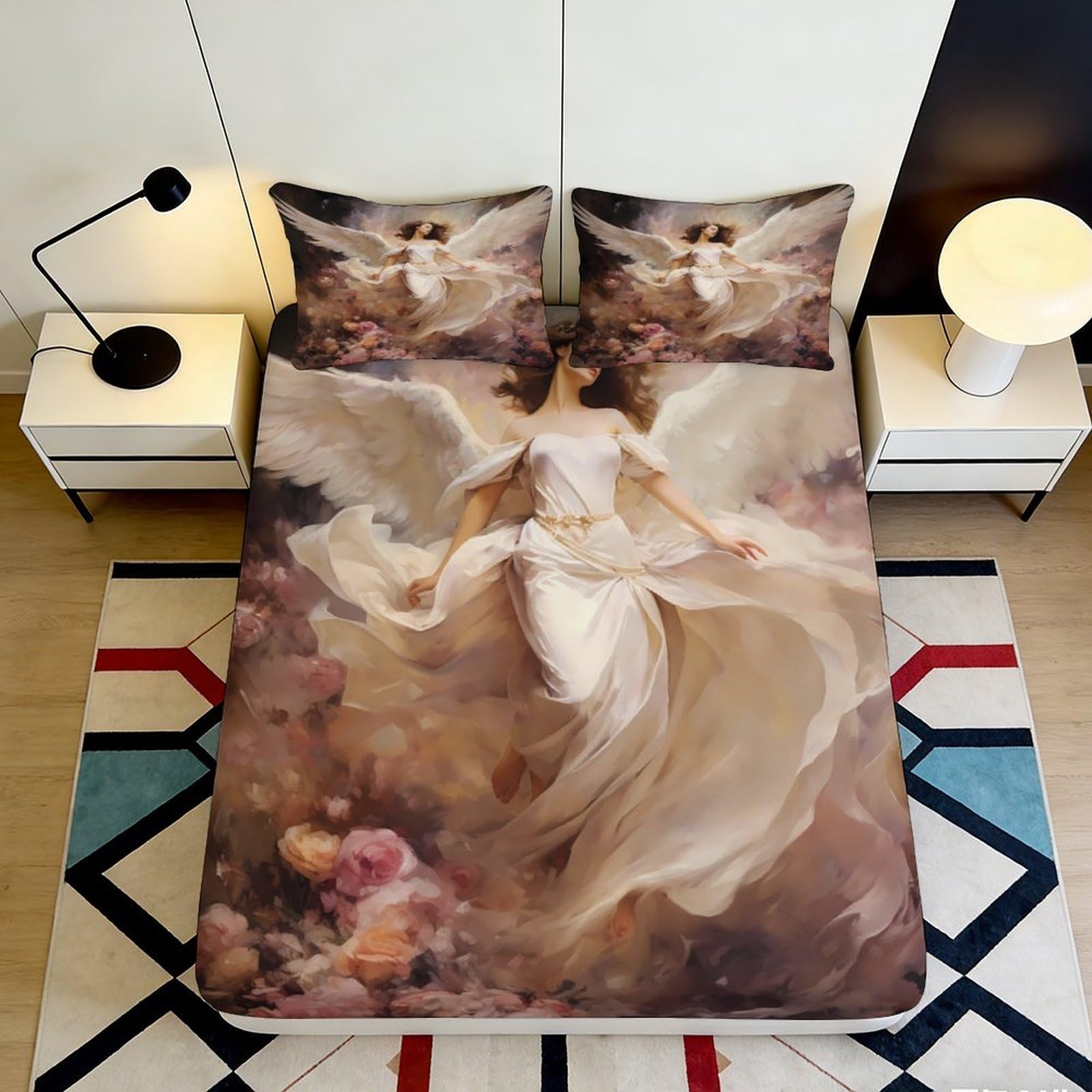 3D Printed Angel Fantasy Fitted Sheet Microfiber Soft Breathable Floral Art Mattress Cover for Bedroom Dorm Decor 90x200x25cm