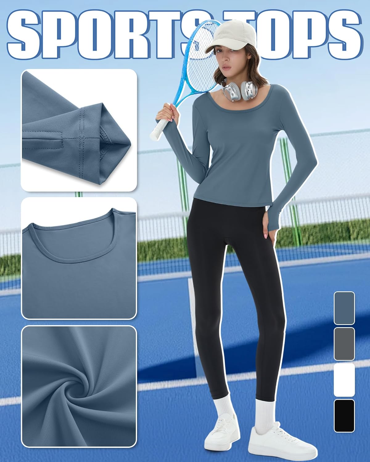 4 Pack Women's Workout Tops Long Sleeve Compression Shirts U Neck Slim Athletic Yoga Basic Shirt with Thumb Holes - Image 4