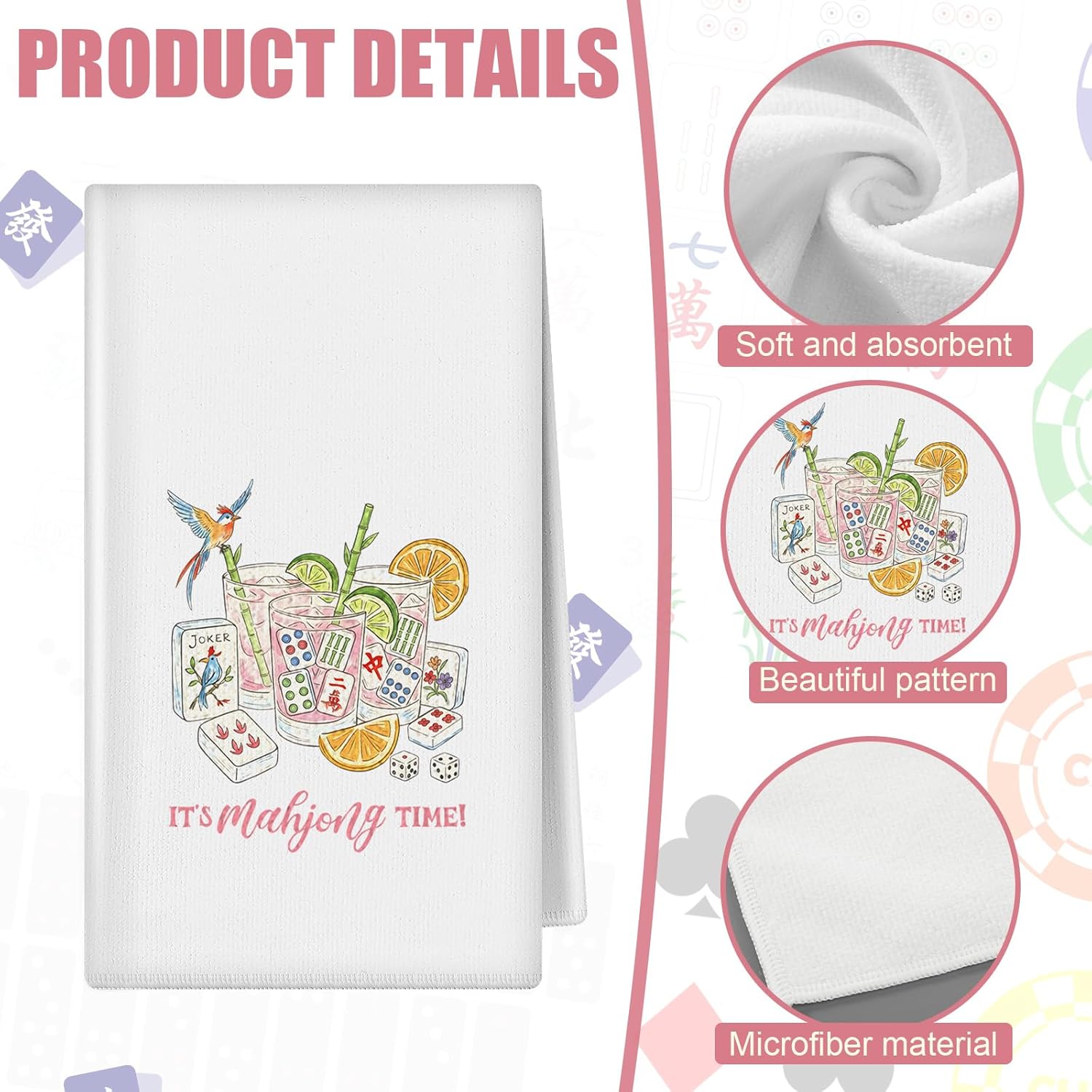 Moukeren 5 Pcs Mahjong Cocktail Kitchen Towels Mah Jong Gifts for Women Mahjong Hand Towels 16 x 24 Inches Decorative Dish Tea Gifts for Kitchen Decor Cocktail Mah-jongg Lovers Bathroom Home - Image 4