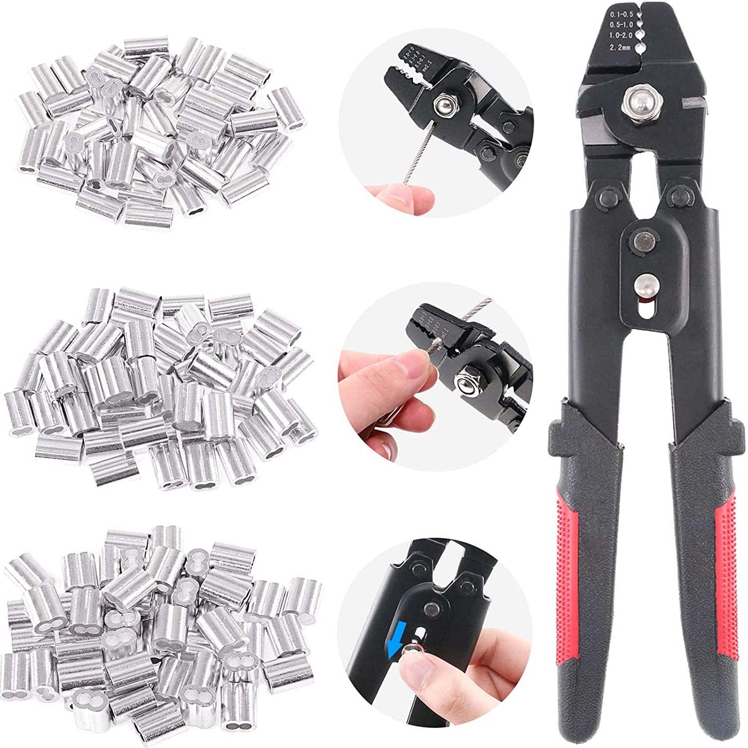 DIY Crafts 2x Kit 180x2=362, Multi Tool, Up To 2.2mm Wire Rope Crimping Tool Wire Rope Swager Crimper Fishing Crimping Tool 1.2/1.5/2mm Aluminum Double Barrel Fe(2x Kit 180x2=362, Multi Tool)