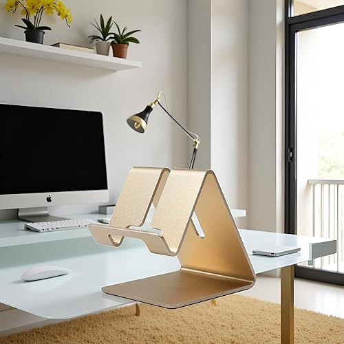 Miniatura 4 de Soporte de teléfono celular de aleación de aluminio dorado, soporte para teléfono celular, soporte de escritorio de aluminio sólido universal