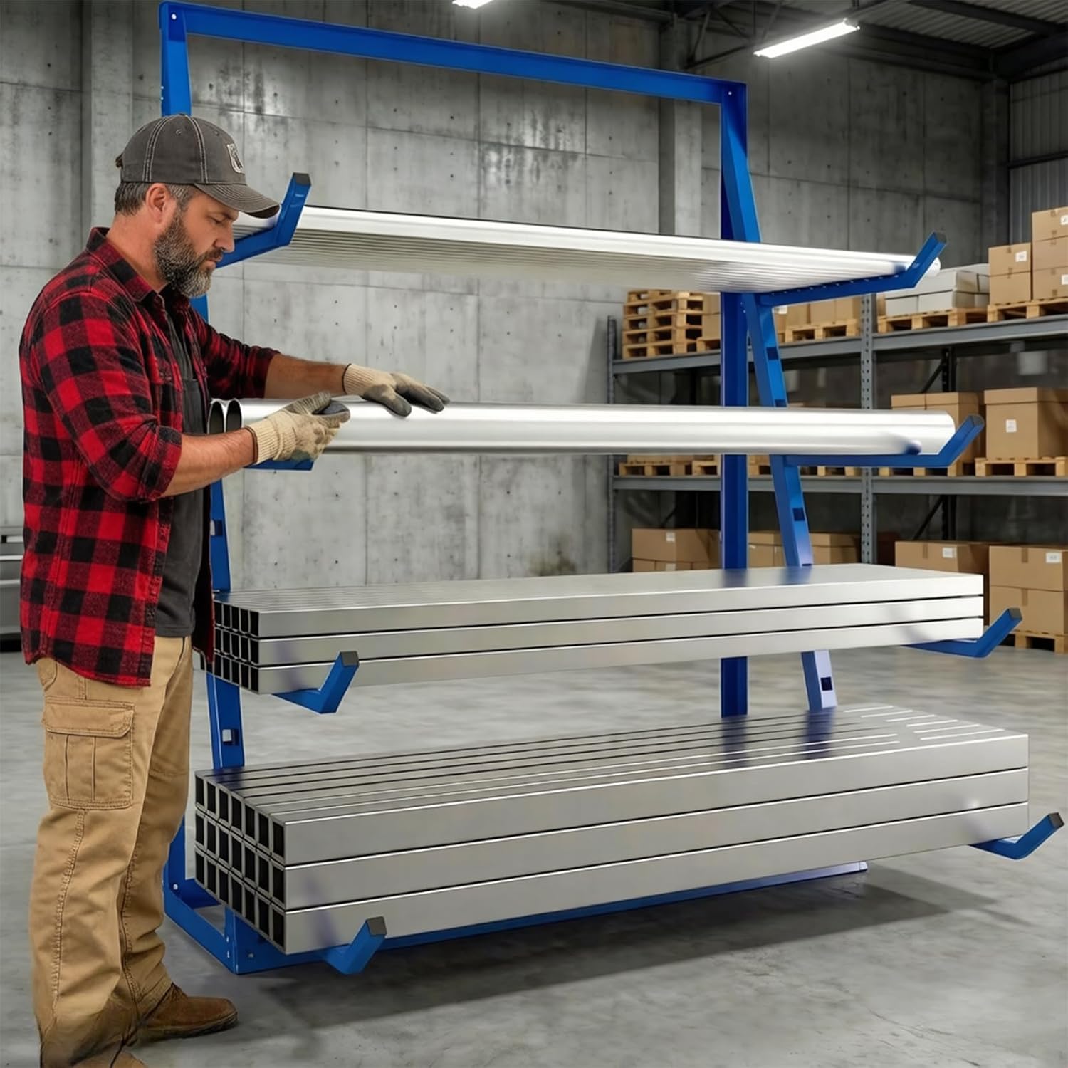 4000 LBS Heavy Duty Horizontal Lumber Storage Rack, 4-Level Utility Cantilever Rack, Alloy Steel Lumber Organizer Shelf, for Garage, Basement, Pantry, Workshop, 48 ×16 × 62in Pipe Storage Rack