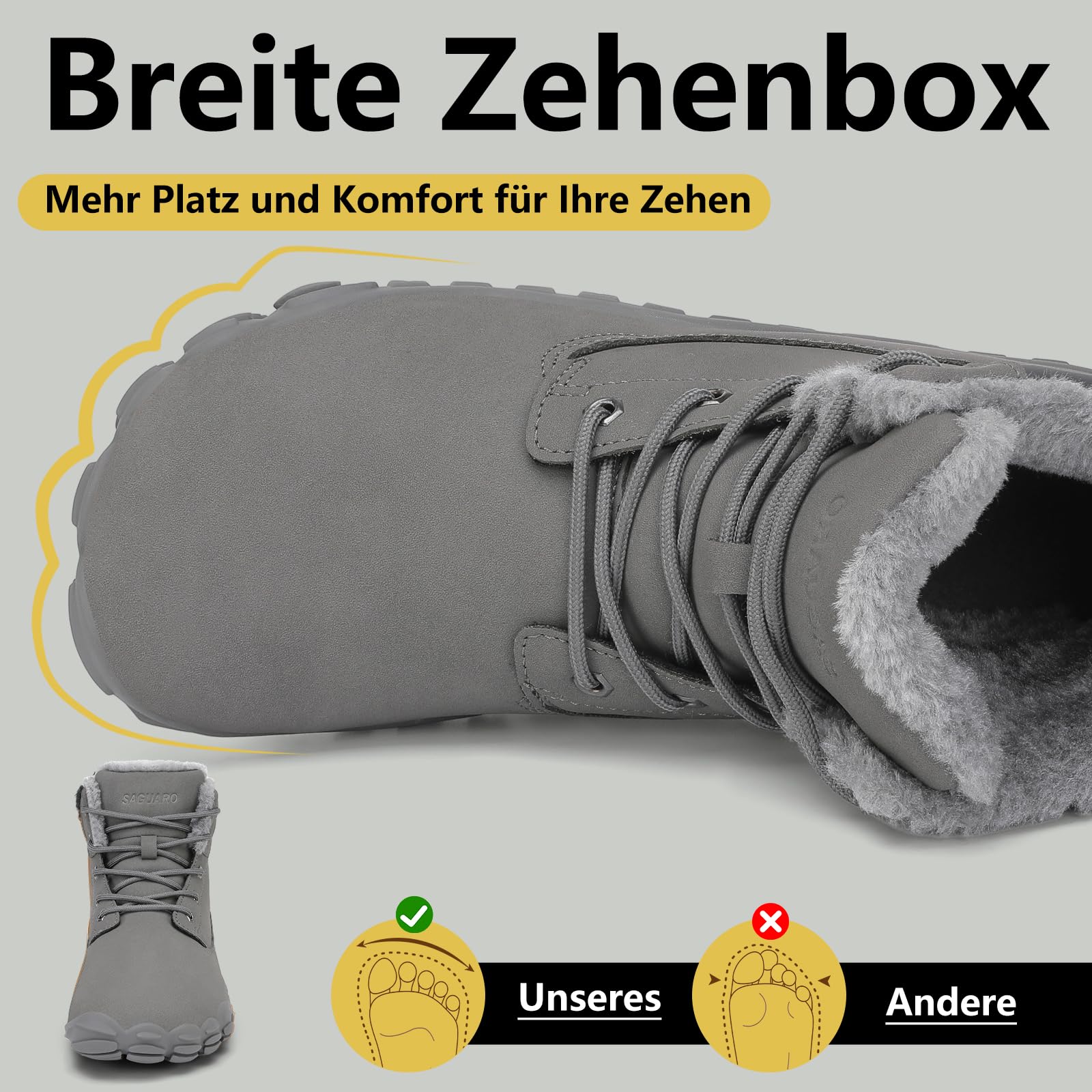 SAGUARO Męskie buty Barefoot Zimowe wodoodporne buty z ciepłym włosem, rozmiar 36-48
