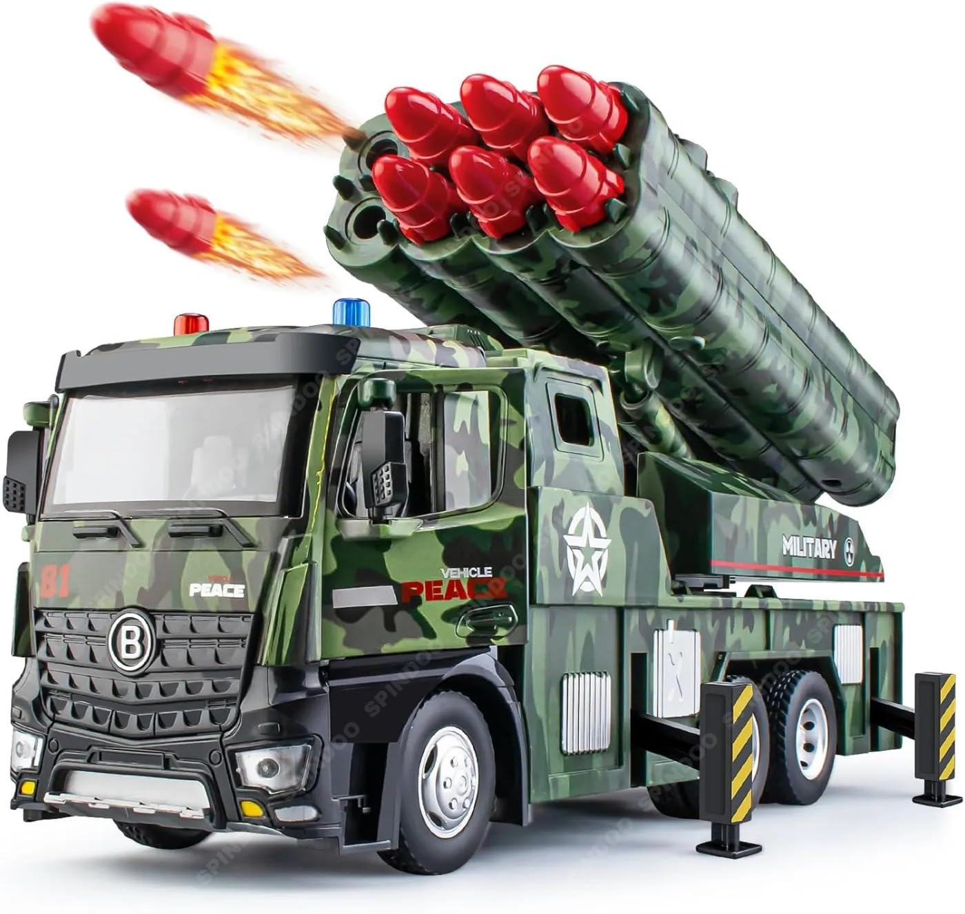 Spindoo Army Launcher Truck Toy for Boys 8 Missiles, Rotating Turret, Lights & Sounds | Friction Powered Military Vehicle | Realistic Army Truck Gift for Kids Age 3-8