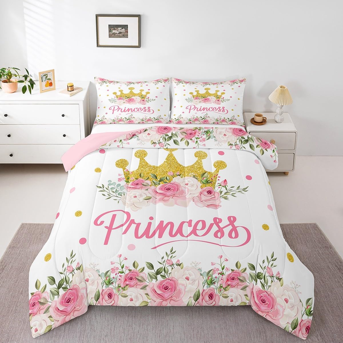 Golden Crown Kids Comforter Set Queen Size,Geometric Dots Princess Cartoon Bedding Set,Girls Boys Room Decor,Rose Flowers Leaves Down Comforter,Pink White Romantic Duvet Insert,2 Pillowcases