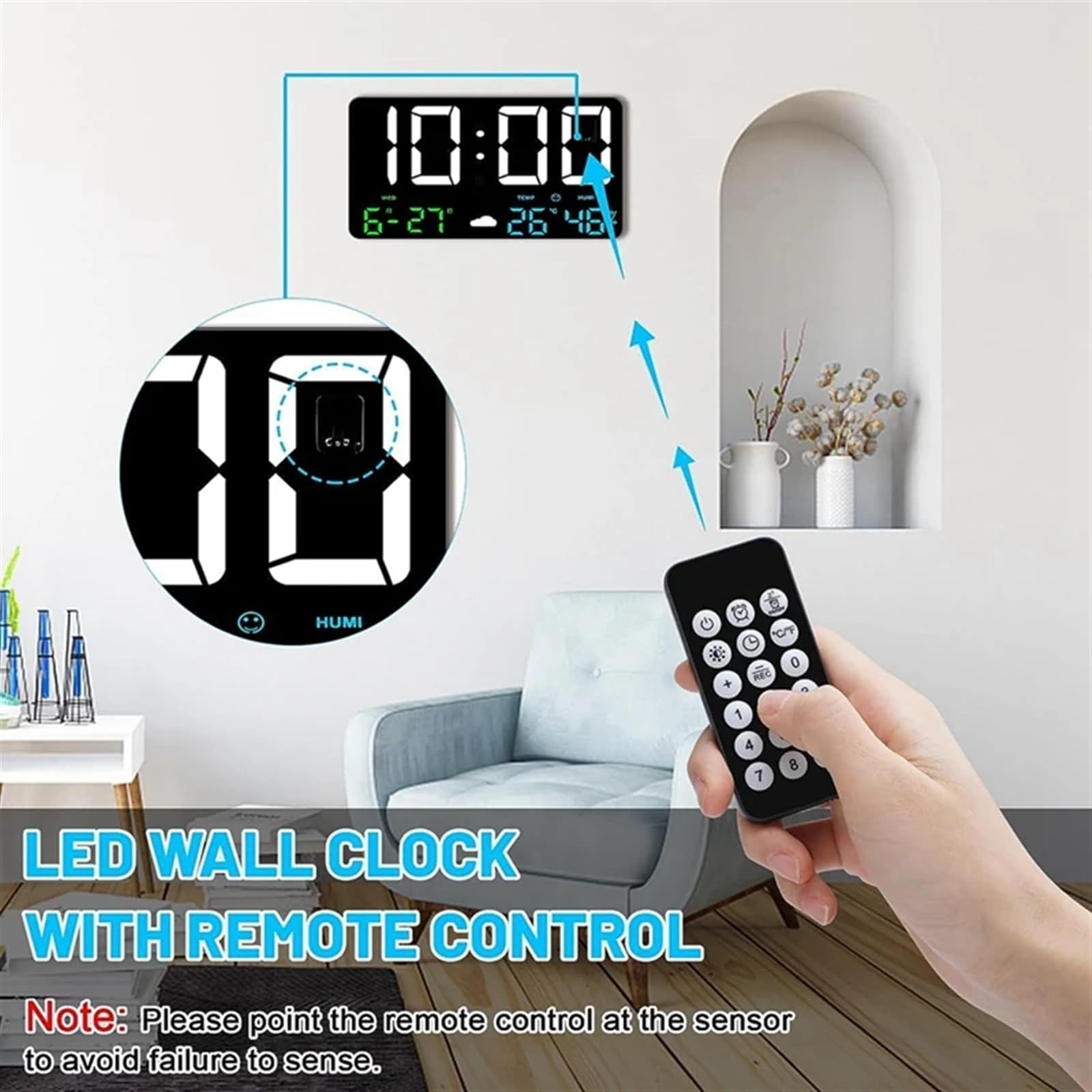 Stazione meteorologica Esterna, Orologio da Parete Digitale LED con Ampio Display, Sveglie for Camera da Letto con Stazione Meteo, USB, 11,5"