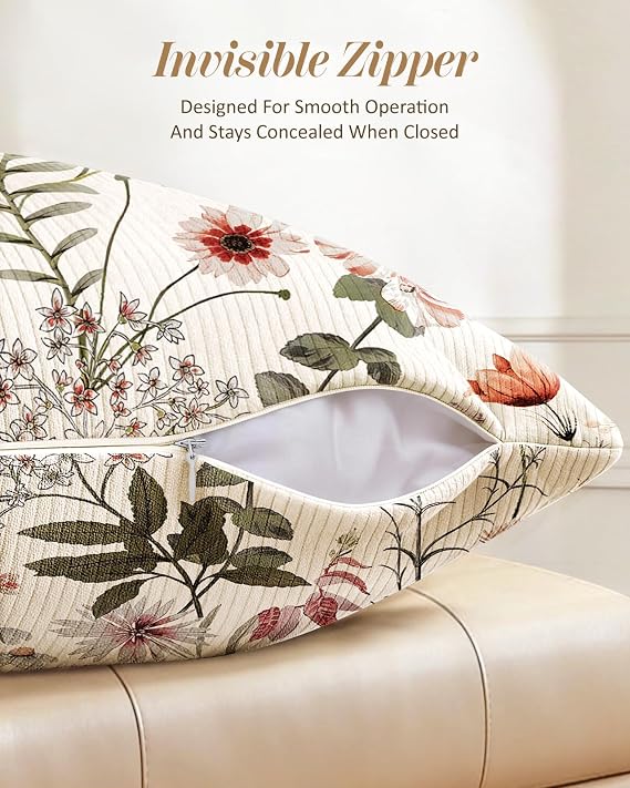 Corduroy Throw Pillow Covers 18x18 - Set of 2 Decorative Spring Pillow Covers with Zipper Farmhouse Decor Cottage Throw Pillowcases for Couch Sofa Living Room Home Bedroom, PK Floral