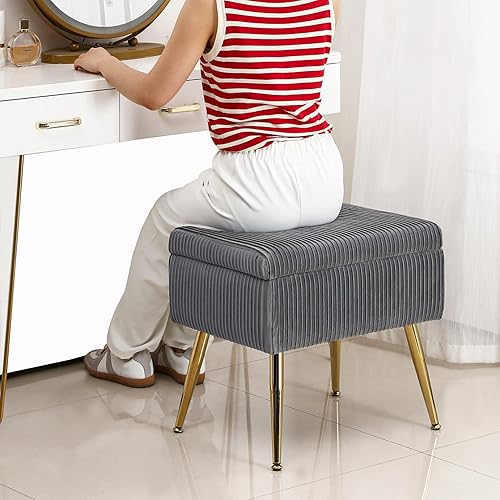 Miniatura 5 de Furnimart Banco de almacenamiento pequeño de terciopelo, otomana tapizada con almacenamiento, taburete cuadrado para tocador, taburete reposapiés