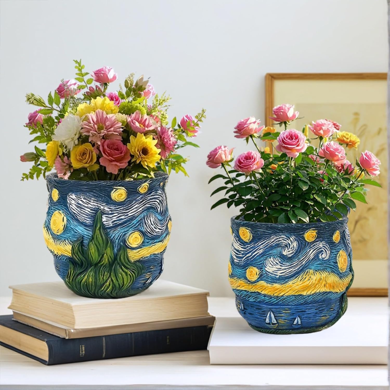 Starry Night Planter Pots Van Gogh Inspired Acolorful Art Flower Pot with Artistic Brushstroke Design Resin Funky Vase for Home Balcony Decoration