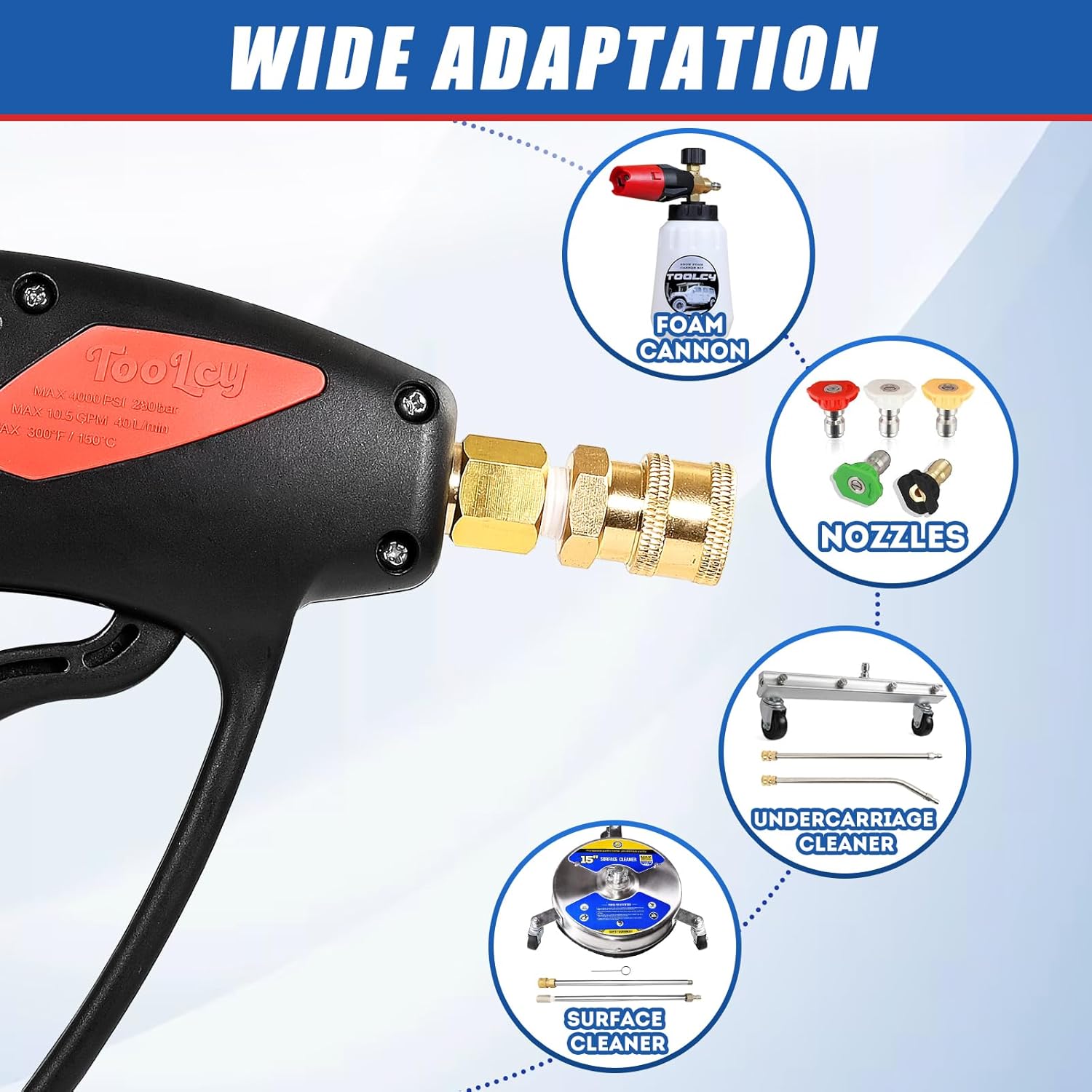 TOOLCY Pressure Washer Gun, Adjustable Power Washer Swivel Gun and Extension Wand, 4000 PSI, 7 GPM, M22-14mm to 3/8" Quick Connection, 5 Nozzle Tips, Fit Most Power Washer