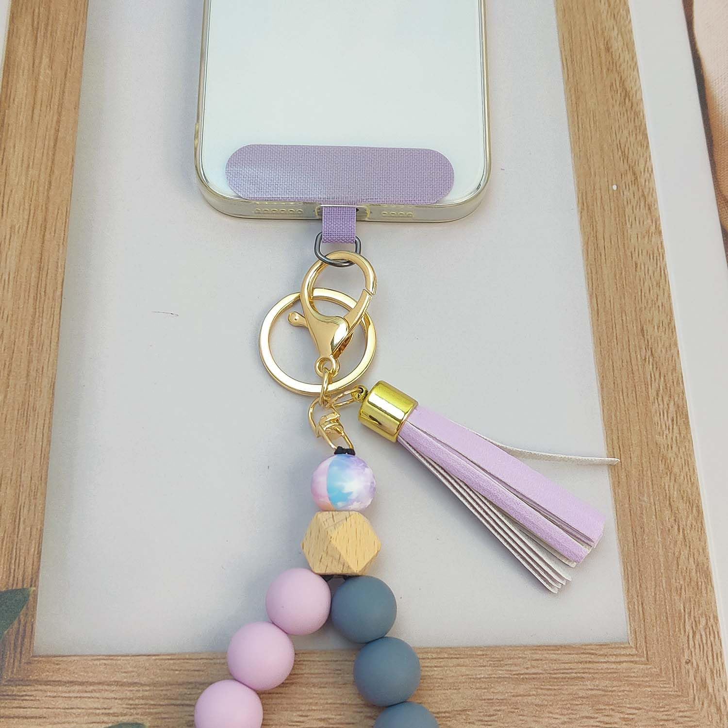 Phone Lanyard Silicone Beaded Phone Wrist Strap Cute Elastic Cell Phone Wristlet Chain Bracelet with 2 Tether Tab - Image 4