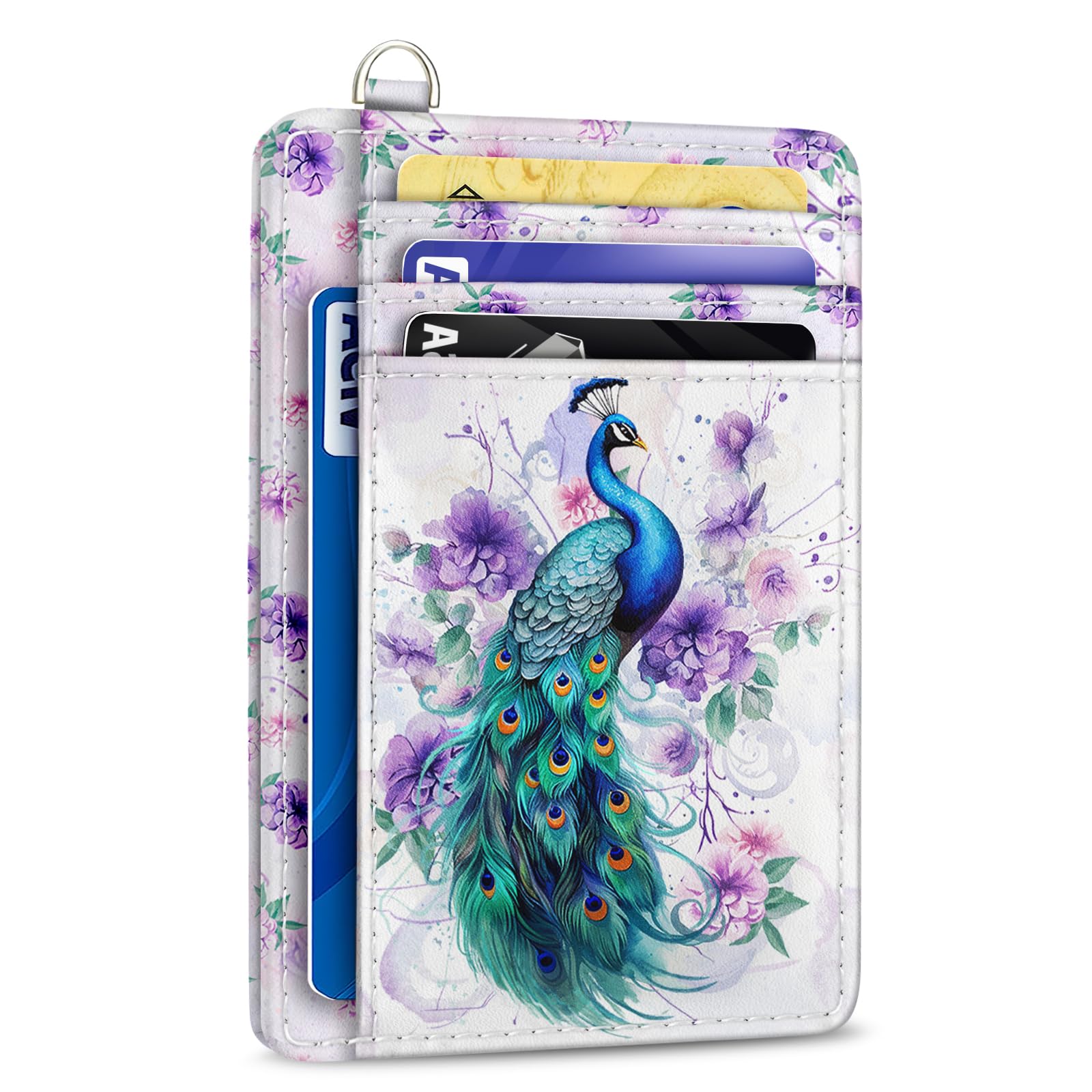 Yonlevres Credit Card Holder Slim Wallet, Peacock RFID Wallet Women Front Pocket Small Card Holder, Cute Travel Thin RFID Blocking Card Organizer Card