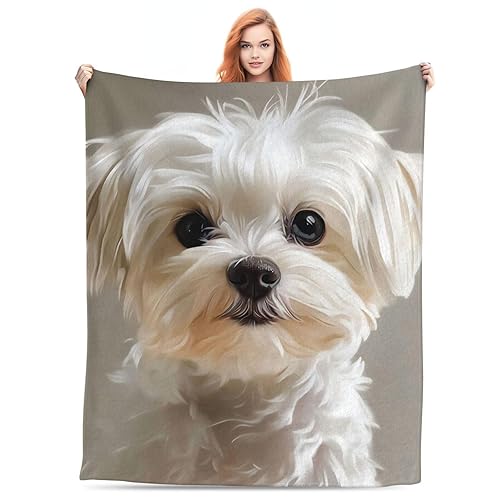 Generic Maltese Dog Themed Throw Blanket, 50x60in, Flannel, White, Casual,