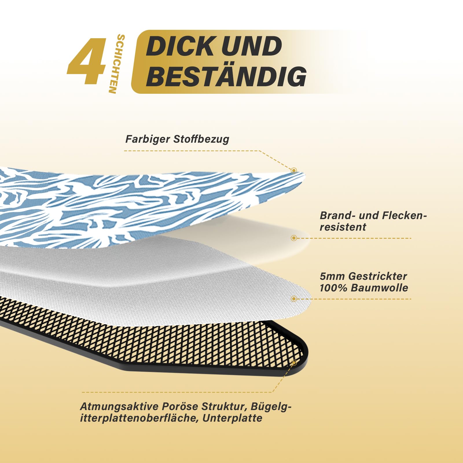 STANEW Bügelbrett 122 x 38 cm,Klappbares Bügelbretter Bügeltisch für Dampfbügeleisen,Sicherheitsschließsystem,höhenverstellbar,Integriertem Eisenständer(Indigo-Farbstoff)