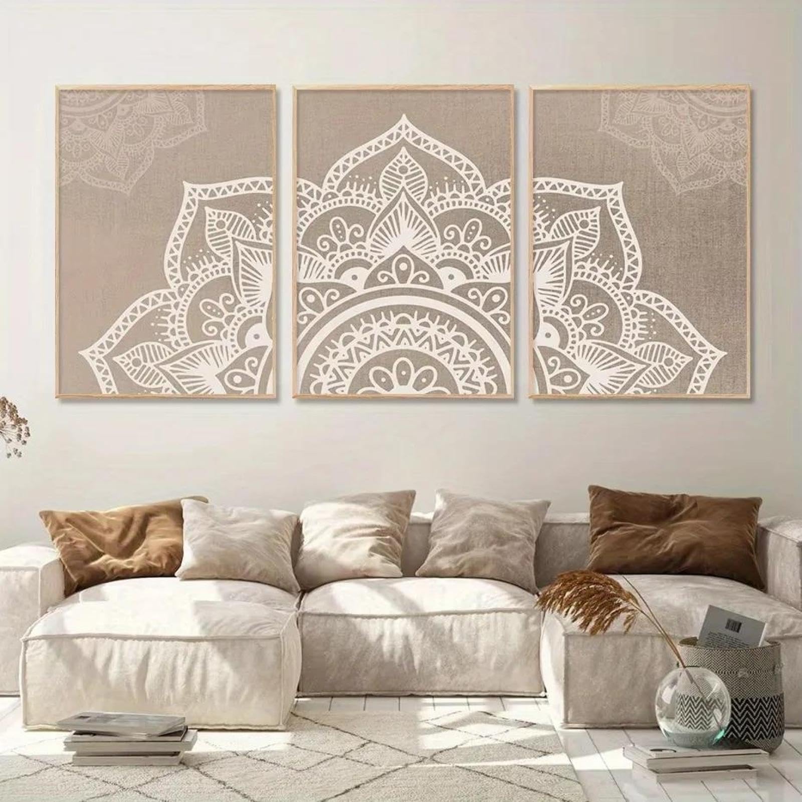 Baibexing Abstract Bohemian Mandala Floral Beige Canvas Painting Poster And Prints Wall Art Picutre For Living Room Home Decor 60X80Cmx3Pcs Unframed