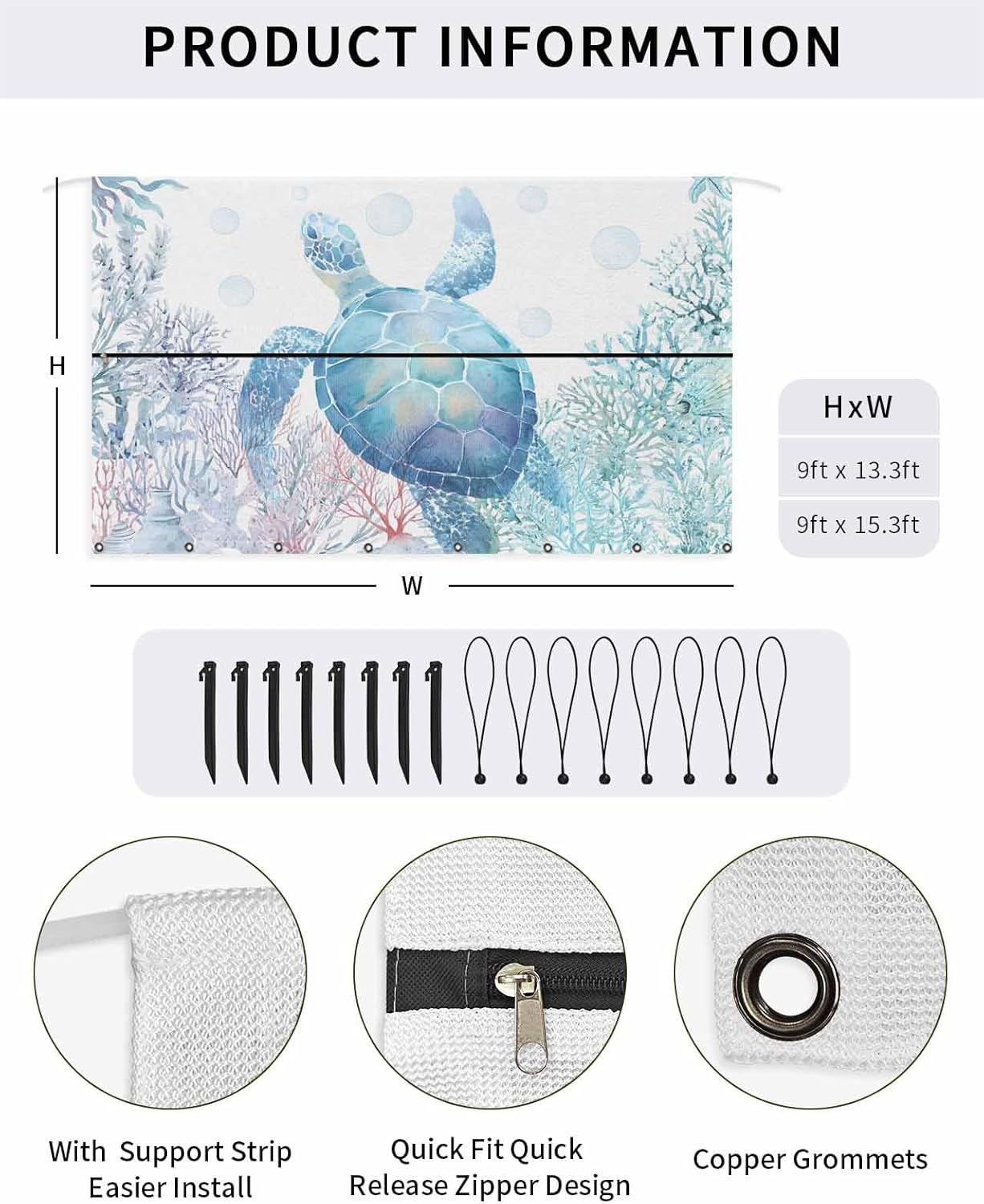 Oceans Animal RV Awning Sun Shade Screen with Zipper 9'x13.5' Summer Blue Sea Turtle Coral Seagrass Bubble Mesh Sunshade UV Blocker Awning Shade Complete Kits for Motorhome Camper Travel Canopy
