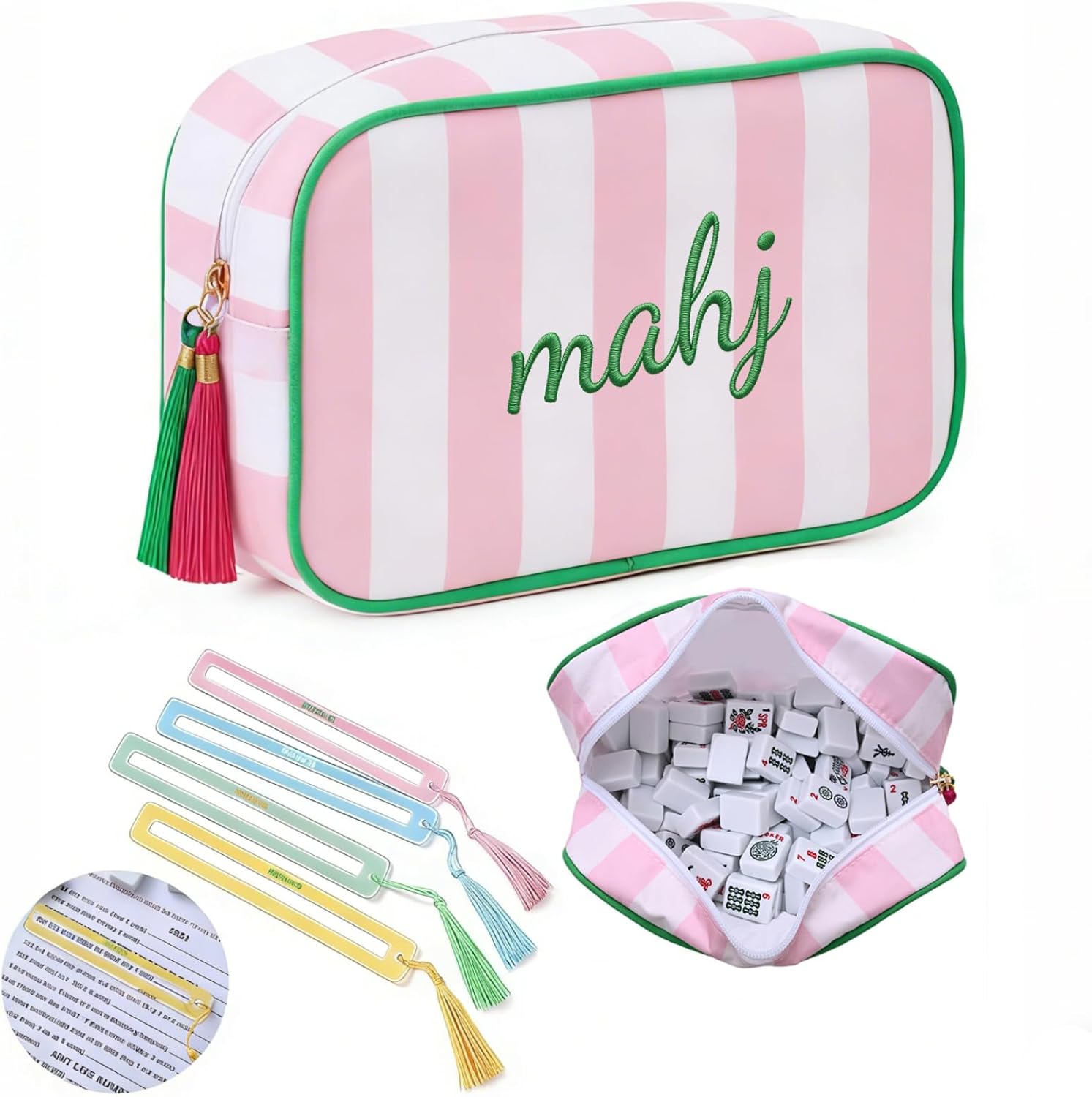 Empty Mahjong Tiles Bag with 4 Pcs Acrylic Mahjong Line Finder Cards,Mahjong Tile Bags with Zipper for Game Party Travel Gatherings Accessories 9.4 x 6.1 x 3.1 in (Pink)