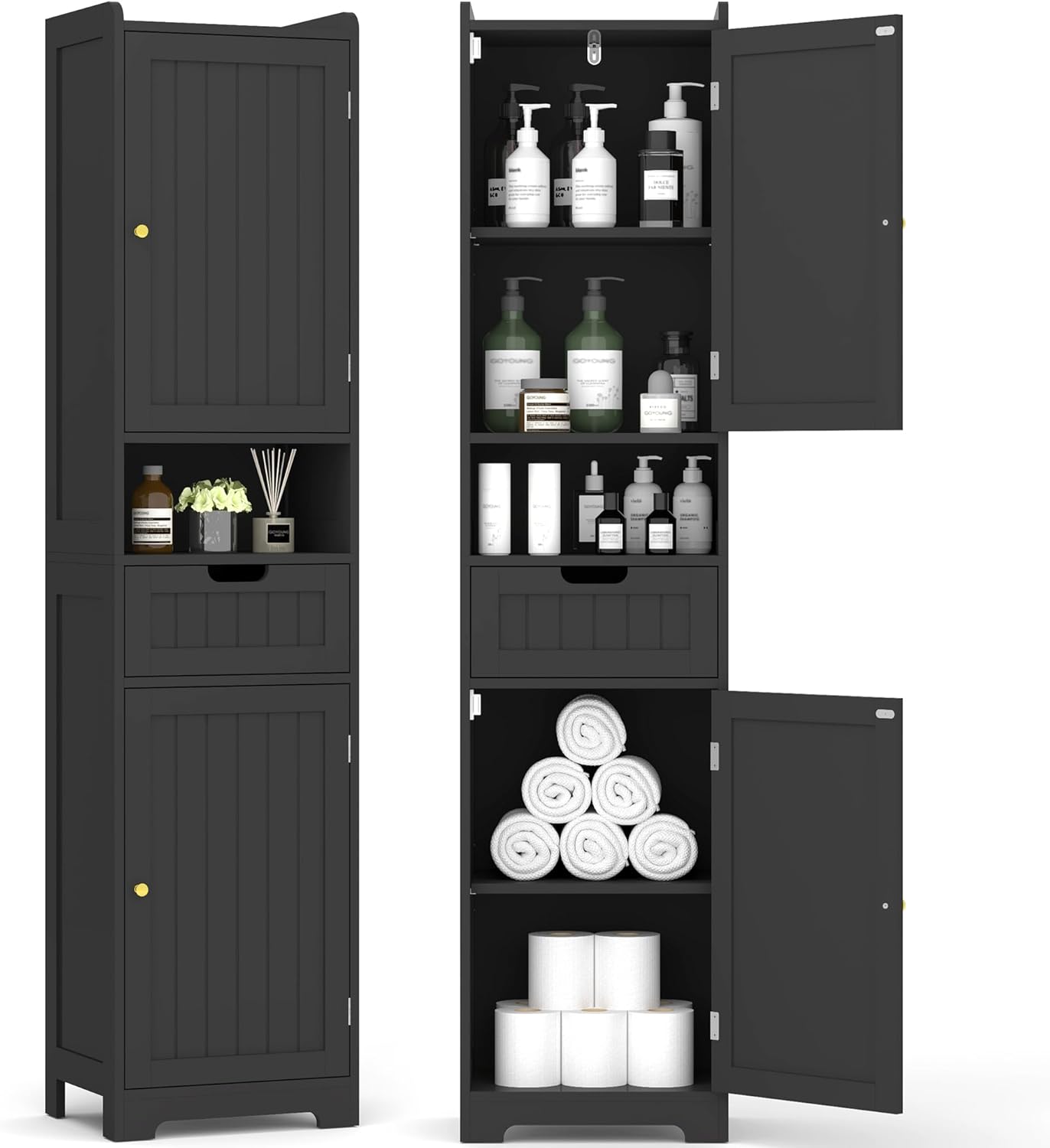 TidyHaven Tall Bathroom Storage Cabinet, 67" Narrow Storage Cabinet with Adjustable Shelves 2 Doors and 1 Drawers Modern Cabinet for Bathroom, Entryway, Kitchen (Black, Large)