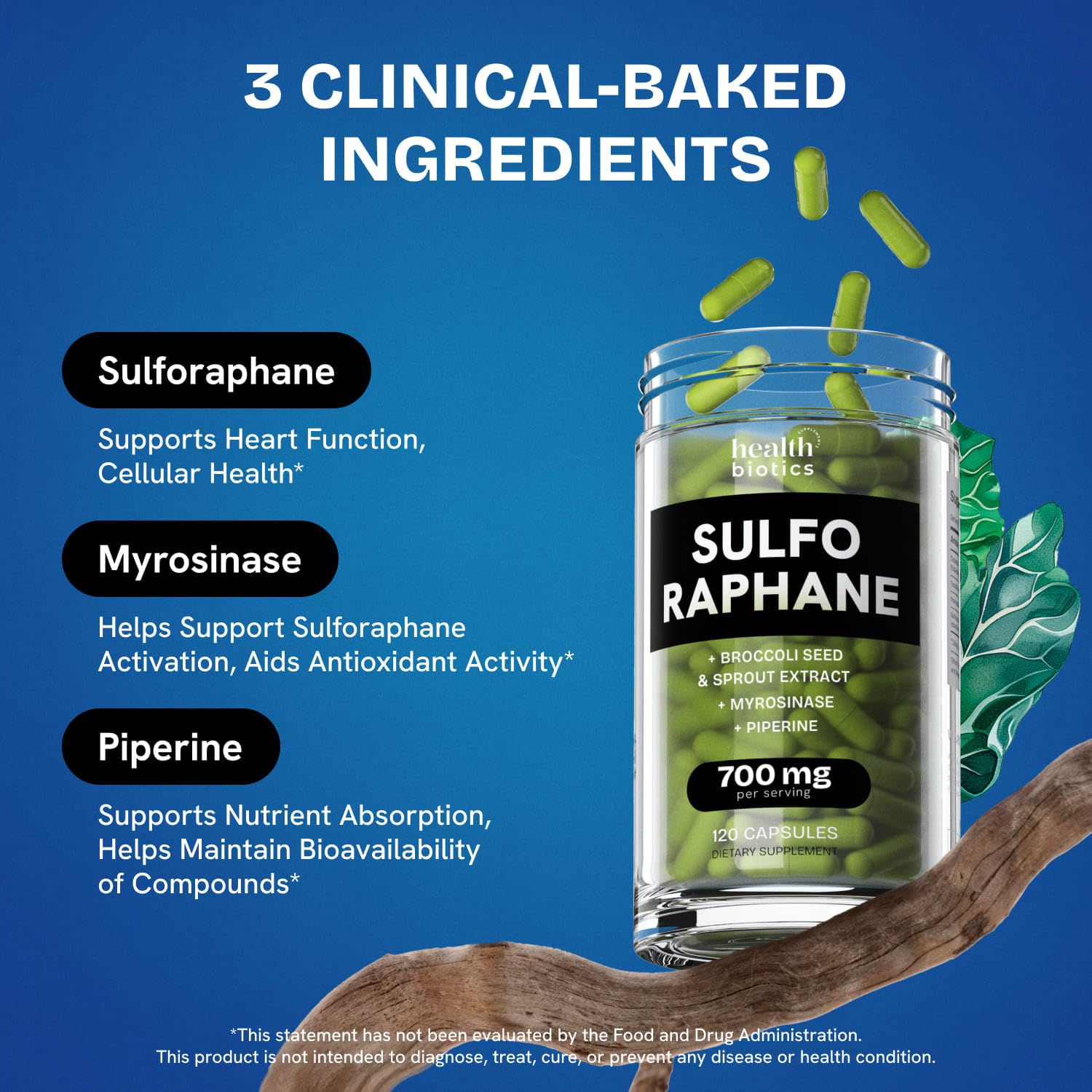 Sulforaphane Supplement Organic Broccoli Sprouts | Stabilized Sulforaphane Kids & Adult | from Broccoli Florets & Seeds | Organic Sulfur Supplements 120 Pills | 1 Pack