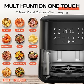 Qido Air Fryer, 5.28 QT Square Airfryer, 400F Fast Heating Air Fryers Oven with One-Touch Presets, Auto-Off, Dishwasher-Safe Nonstick Basket, Multiple 8 in 1 Function, Black