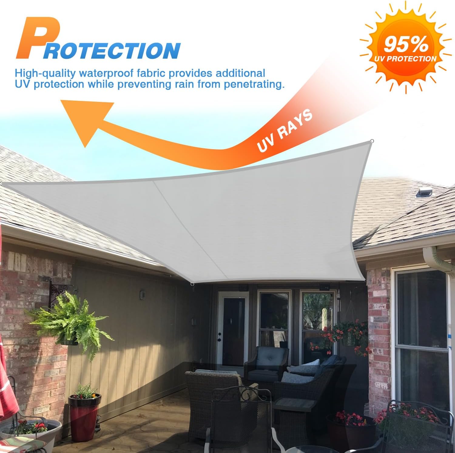 TANG 8'x12' Waterproof Sun Shade Sail Rectangle Outdoor Canopy UV Block Shade Cloth with Curved Edge for Patio Backyard Pool Pergola Cover, Light Grey