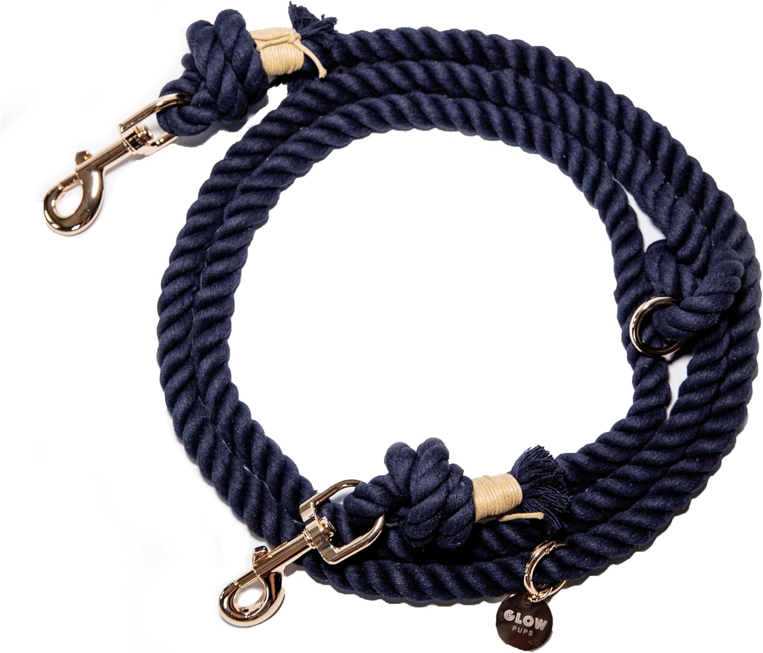 Hands Free Cotton Rope Dog Leash with Gold Hardware, Heavy Duty Training Lead (Navy Blue)