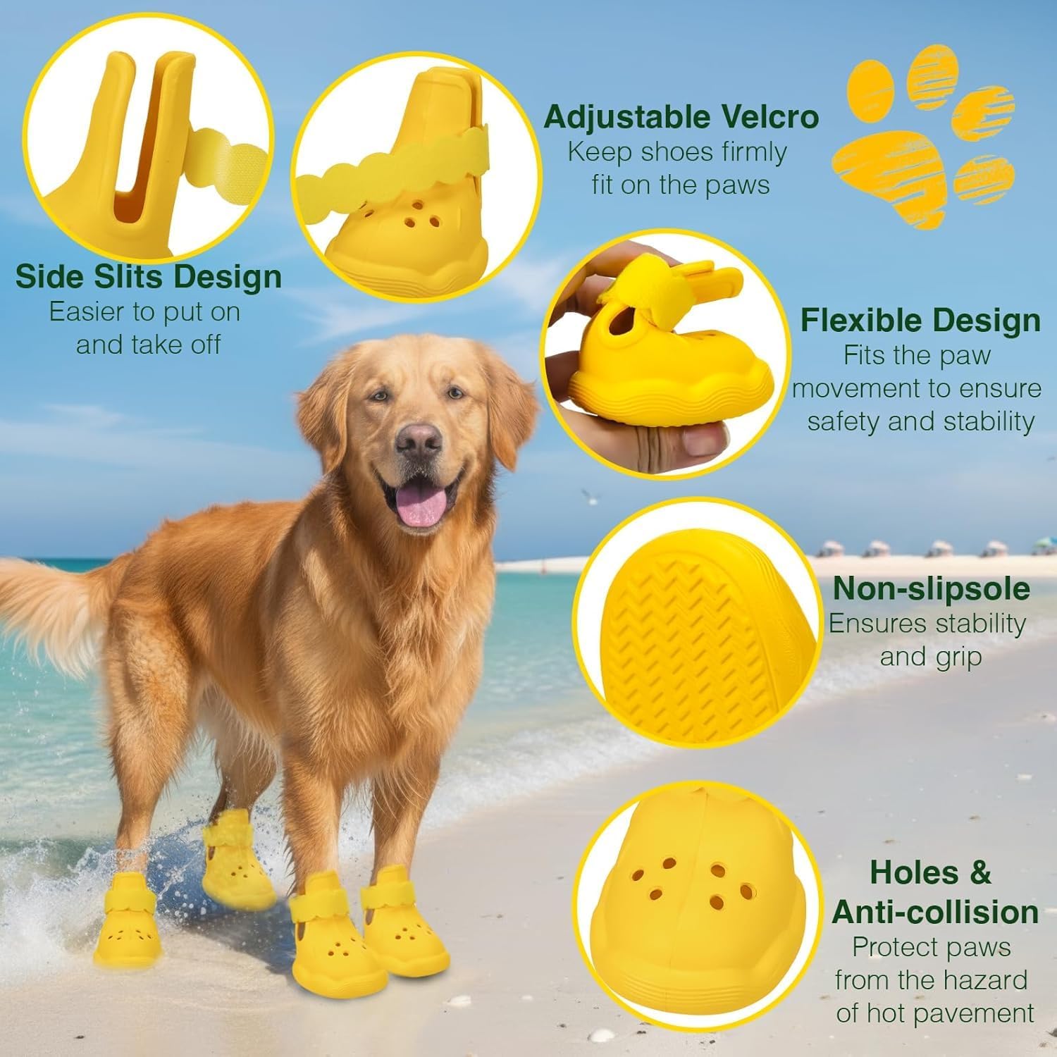 Dog Shoes for Hot Pavement and Snow – Waterproof, Non-Slip, Breathable Booties with Adjustable Straps for Small, Medium and Large Dogs (Yellow, XXL)