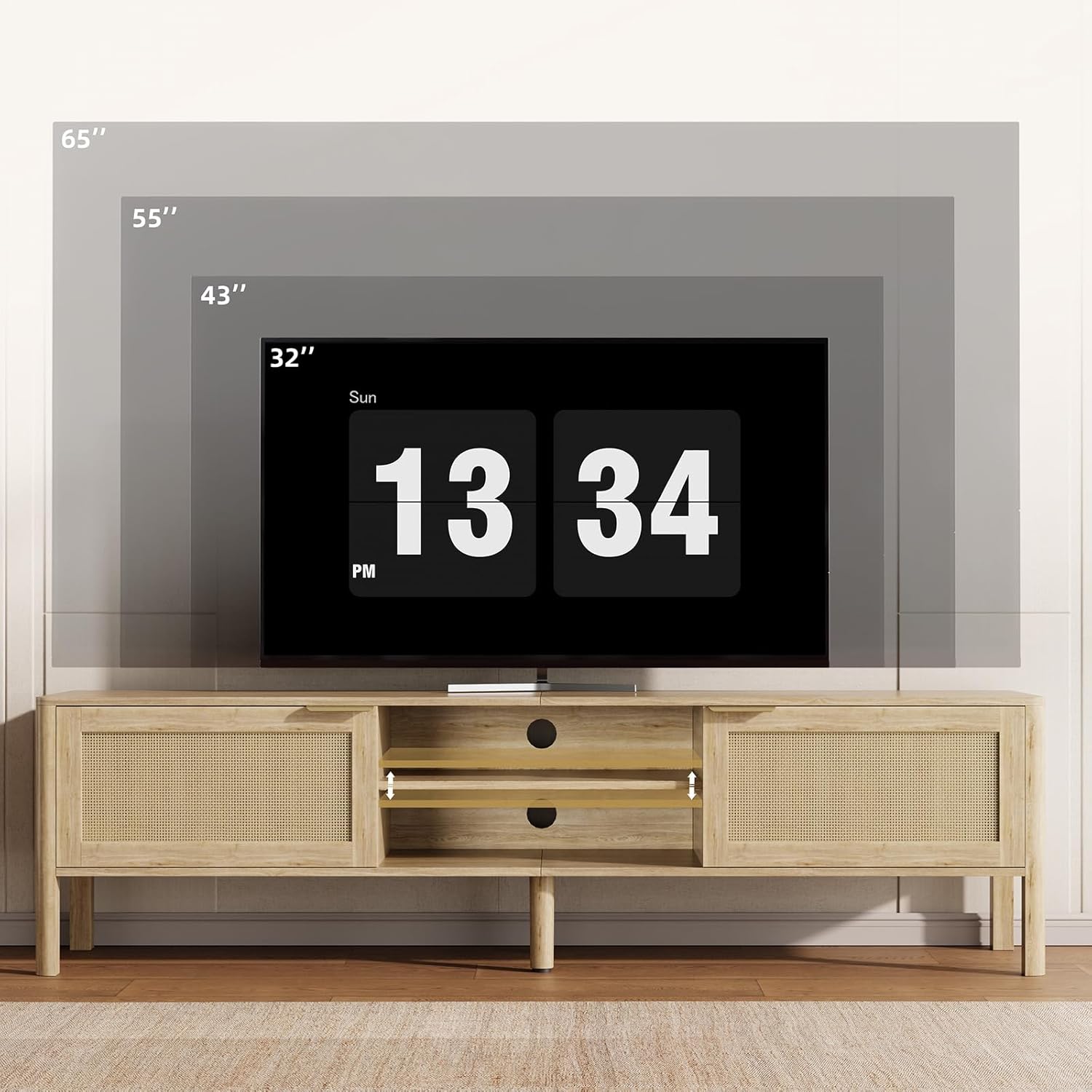 Rattan TV Stand for Living Room - Fits up to 65 Inch TVs, Rattan Media Console Table with Adjustable Shelves & 2 Storage Cabinets, Mid-Century Modern Entertainment Center, Oak 58"