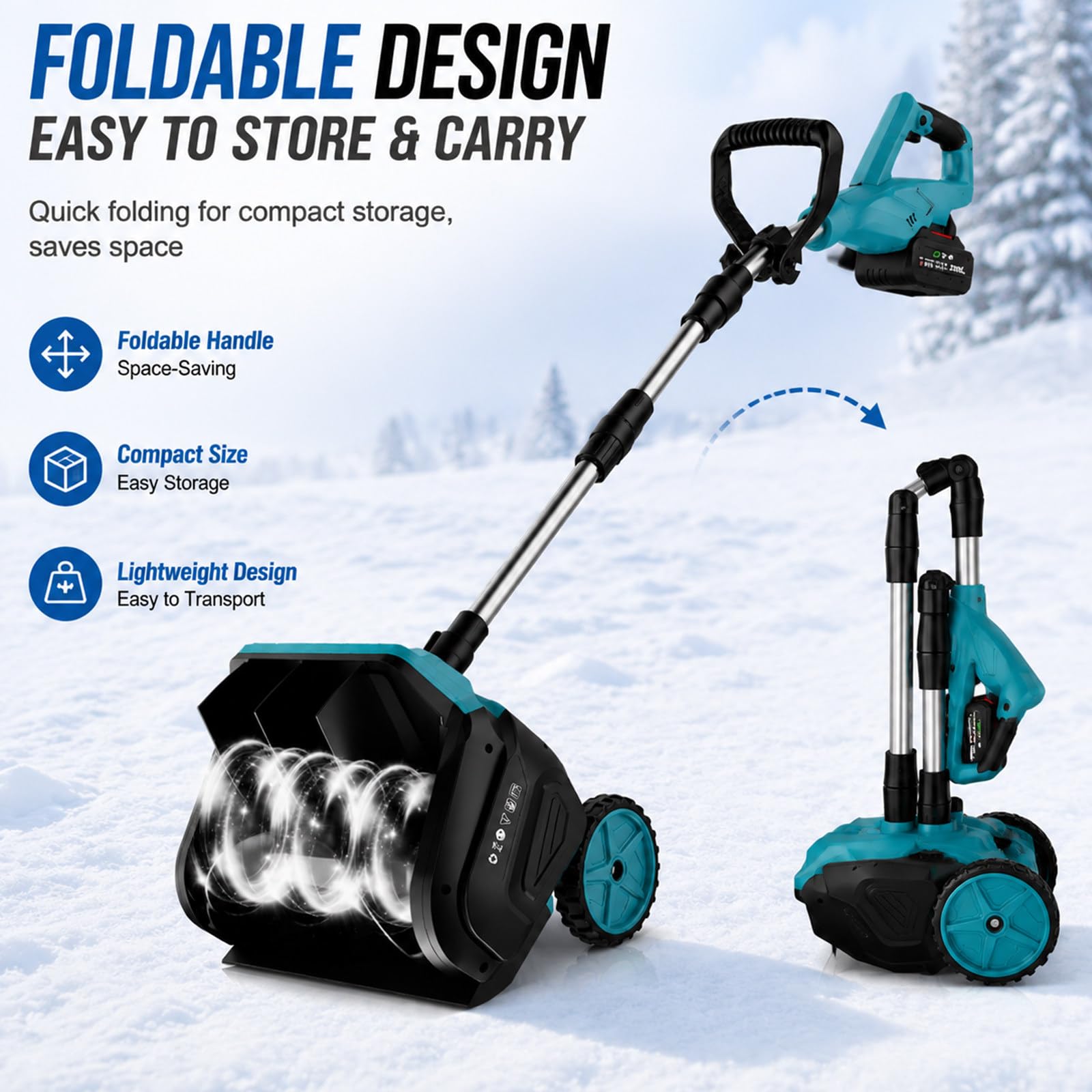Spazzaneve a Batteria con Batteria 21V e Caricabatterie, Motore Brushless | Gittata di 7,6 m, larghezza di 40 cm, direzione e impugnatura regolabili, autonomia fino a 35 minuti