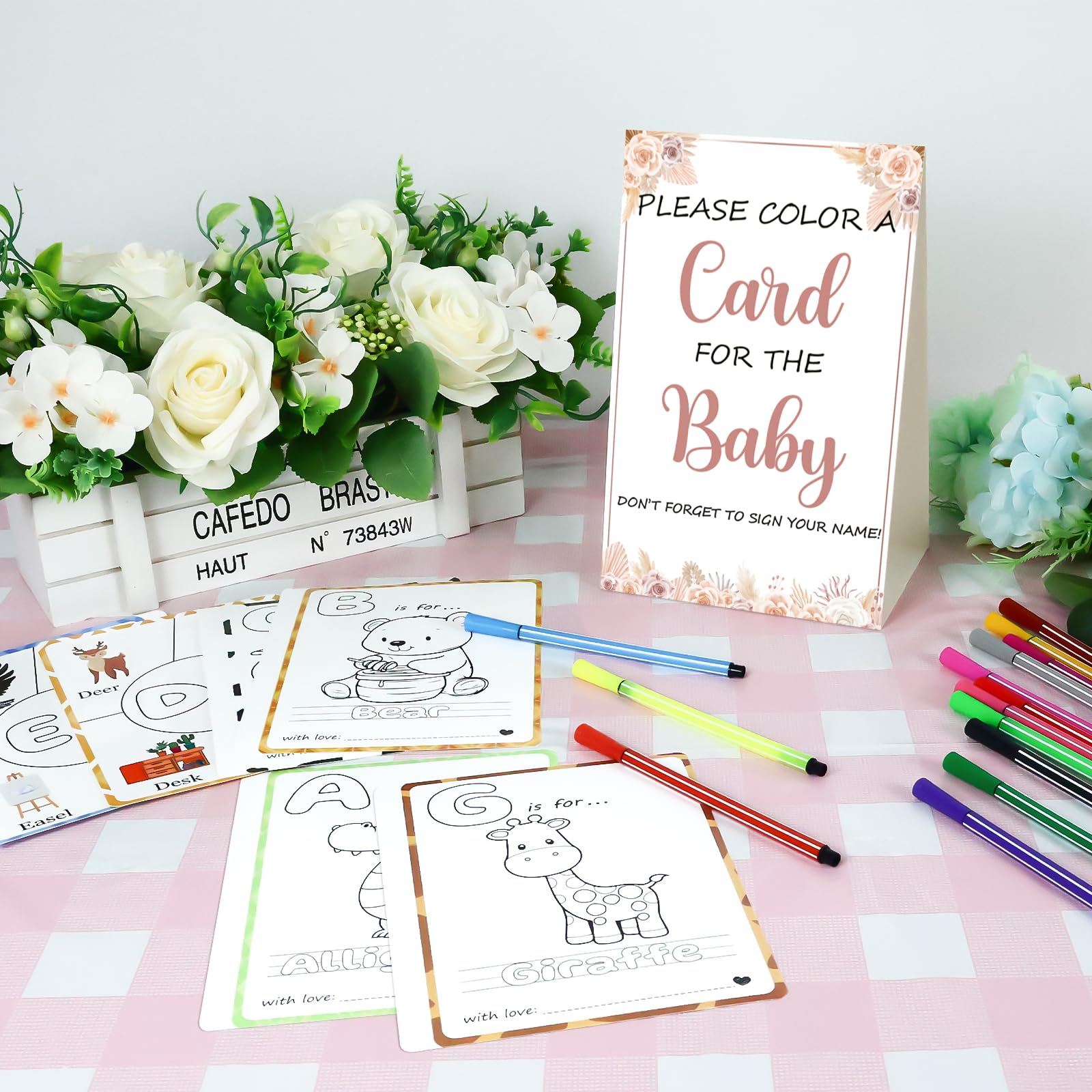 Baby's First ABC Book Coloring Activity Set - Baby Shower Guest Book Alternative With 26 Cards & Pens, Boho Theme