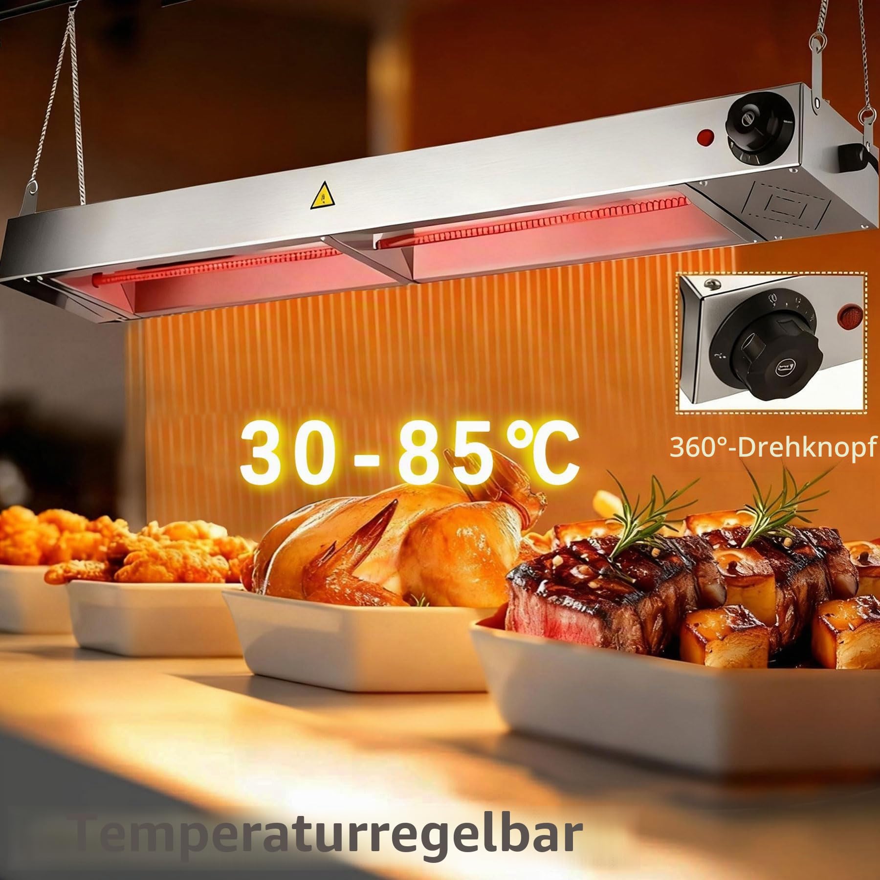 Wärmebrücke Küche Gastro, Edelstahl Hängende Speisenwärmer Lampe | Kommerzielle Infrarot Wärmelampe Essen für Buffet und Küche, Einstellbare Temperatur 30-85℃
