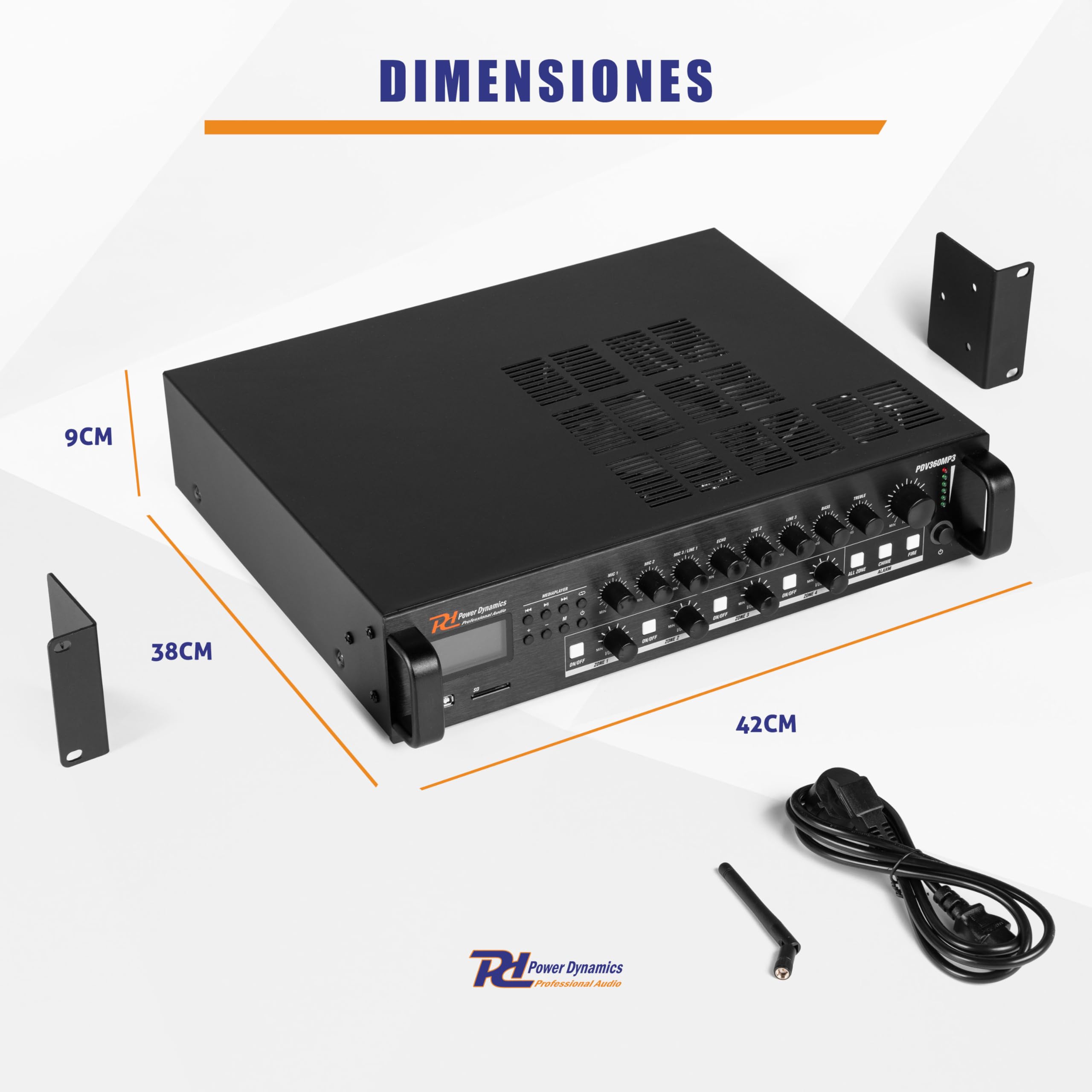 Power Dynamics BHW50BK + PDV360MP3 – Pack de 12 Altavoces Pared 5.25” 100V IPX5 con Amplificador 360W 4 Zonas Bluetooth USB SD FM y Cable 100m Sistema megafonia Profesional, Color Negro
