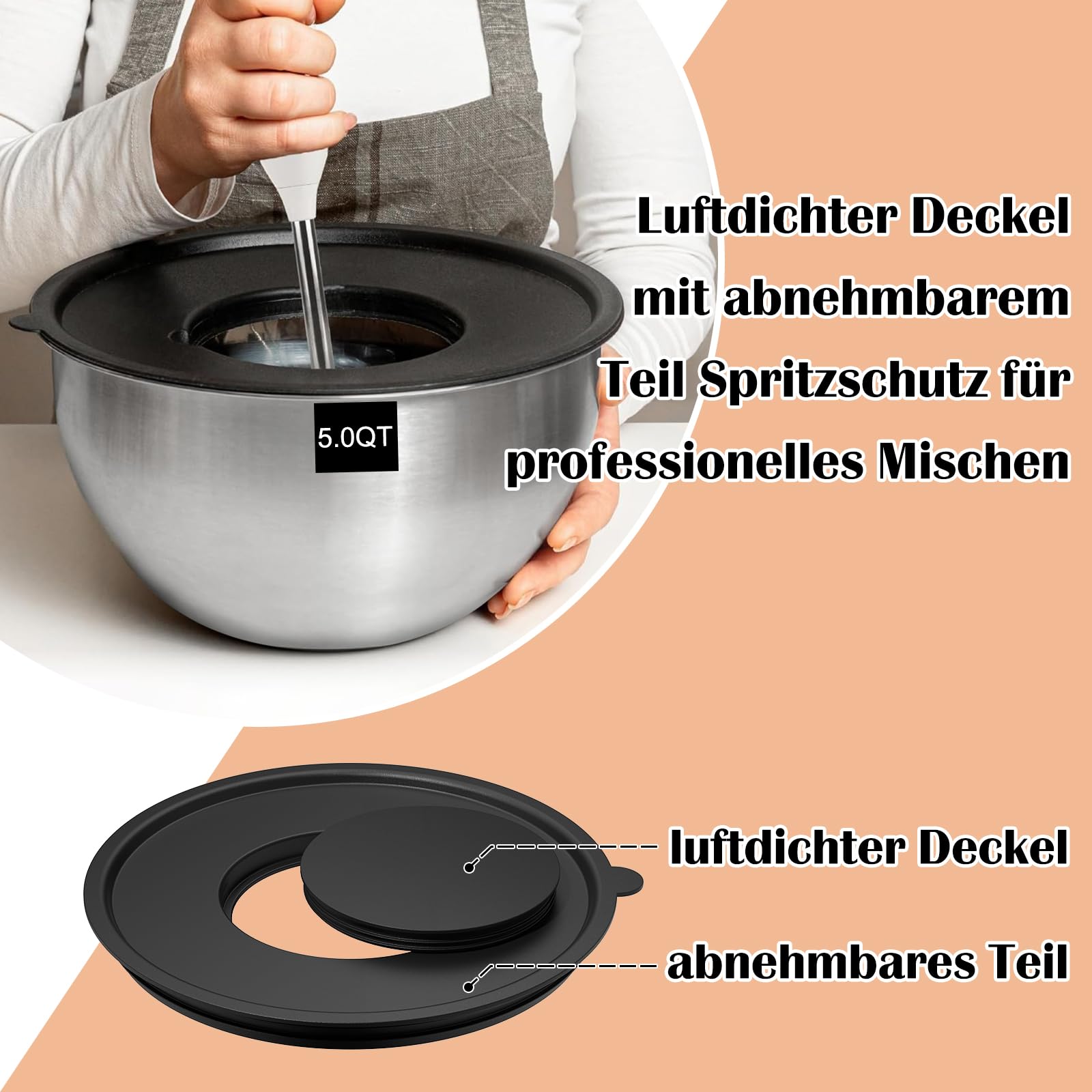 Terlulu Lot de 5 saladiers en acier inoxydable avec couvercle, 4,7 l/2,8 l/1,9 l/1,4 l/0,6 l, pour cuisine/pâtisserie/rangement, empilables et passent au lave-vaisselle, avec râpe