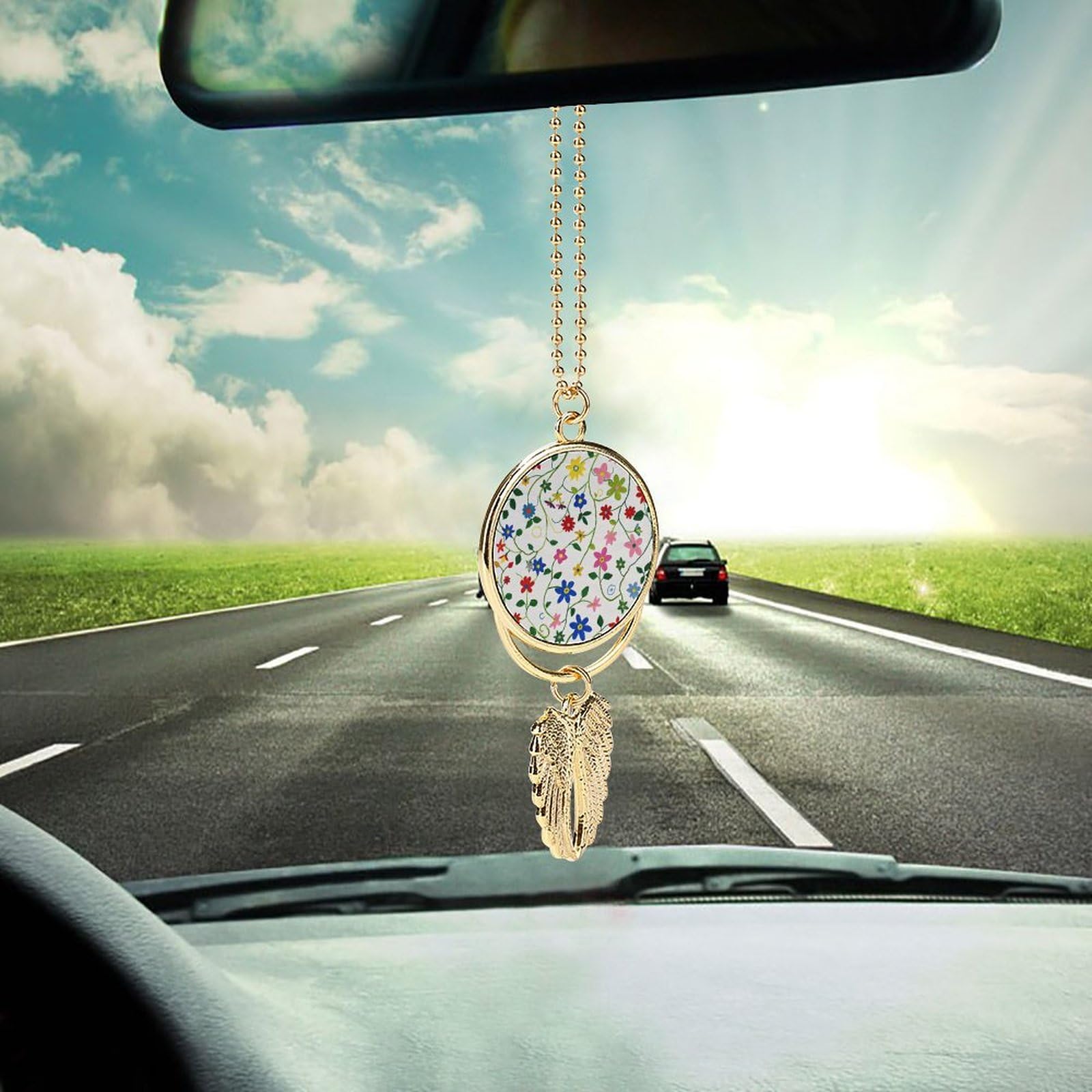Metal Car Pendant Charms Vine Flower Pattern Car Rear View Mirror Charms Angel Wing Auto Rearview Mirror Hanging Interior Ornament Pendant Car Accessories for Women Men Car Interior Decor