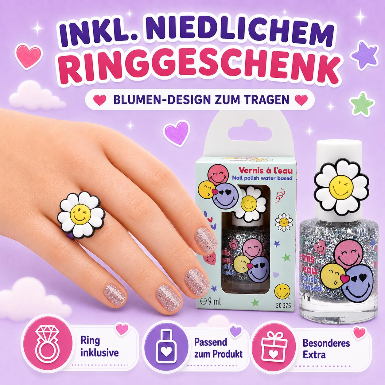 Smiley Esmalte de Uñas al Agua Peel Off Pack 2 – Esmalte No Tóxico Base Agua, Sin Olor, Secado Rápido y Fácil de Quitar – Maquillaje Infantil y Adultos – 2 x 9 ml