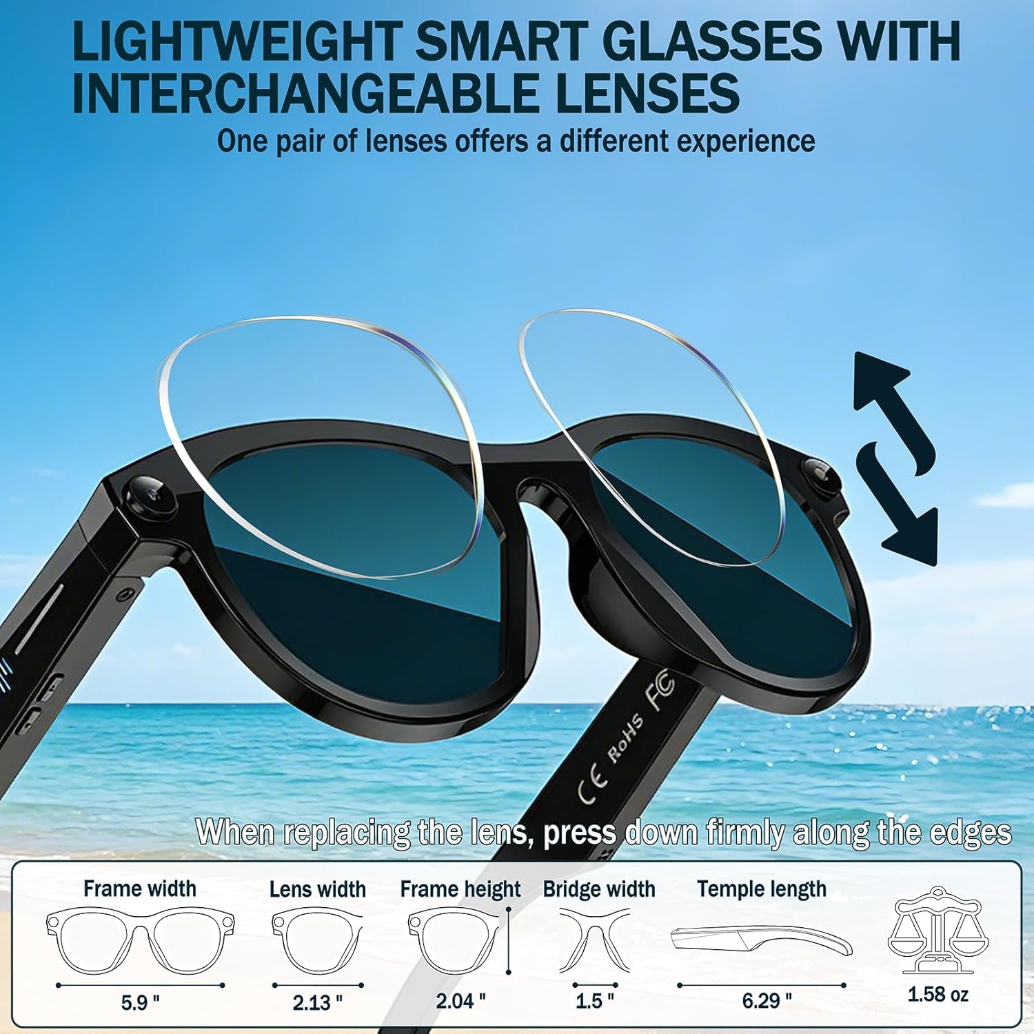 AI Smart Glasses with Camera, 2K HD Recording Glasses, Real-Time Translation with Voice Assistant, Object Recognition, Ai Sunglasses for Life & Work Travel Vlog (Black & Transparent Lens)