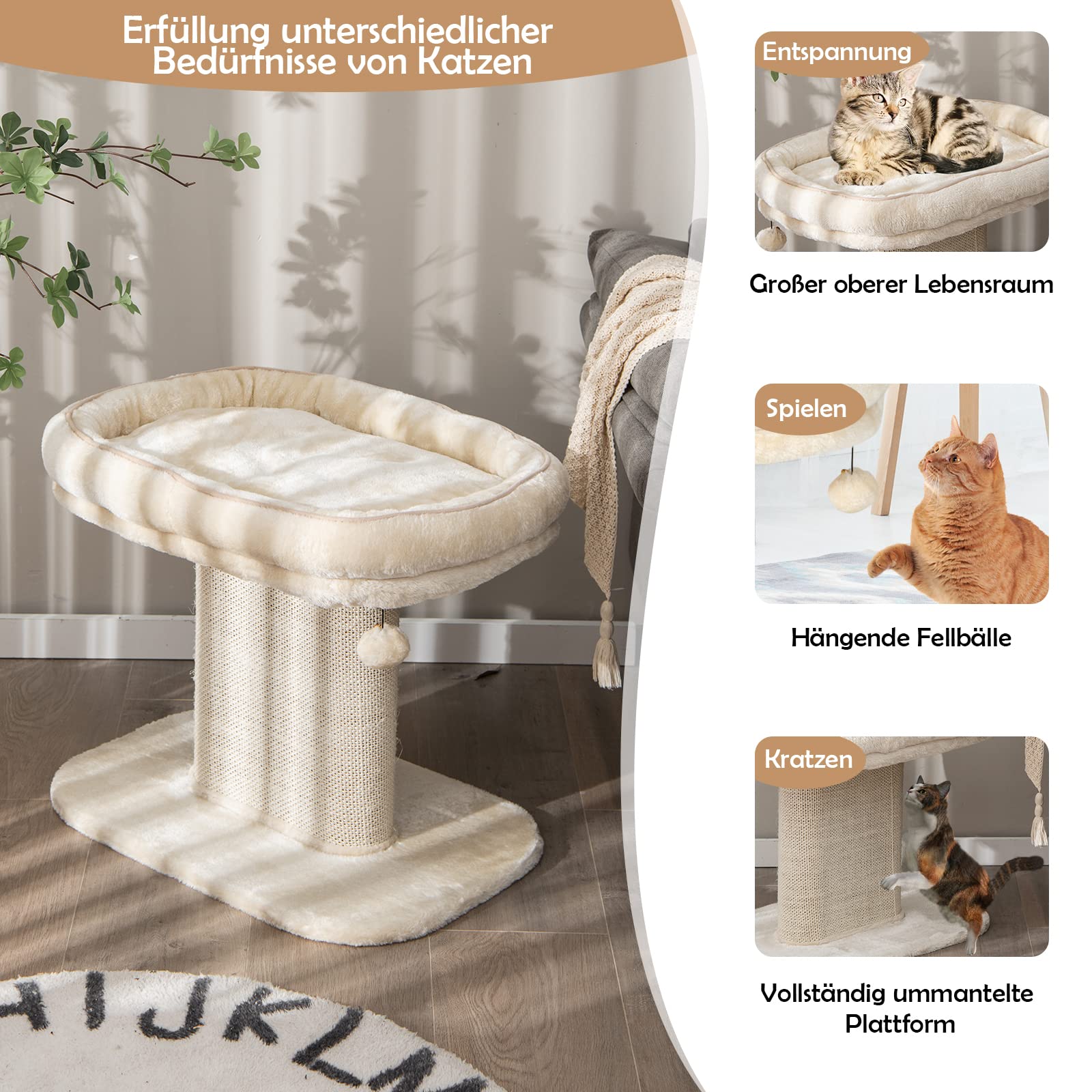 COSTWAY Kratzbaum Klein, 50cm hoch, Katzenbaum mit weicher Plüschsitzfläche & Sisal-Kratzsäule & Ball, Katzenkratzbaum Holz, Katzen Katzenmöbel Kletterbaum, Aktivitätsbaum Spielbaum (Beige)
