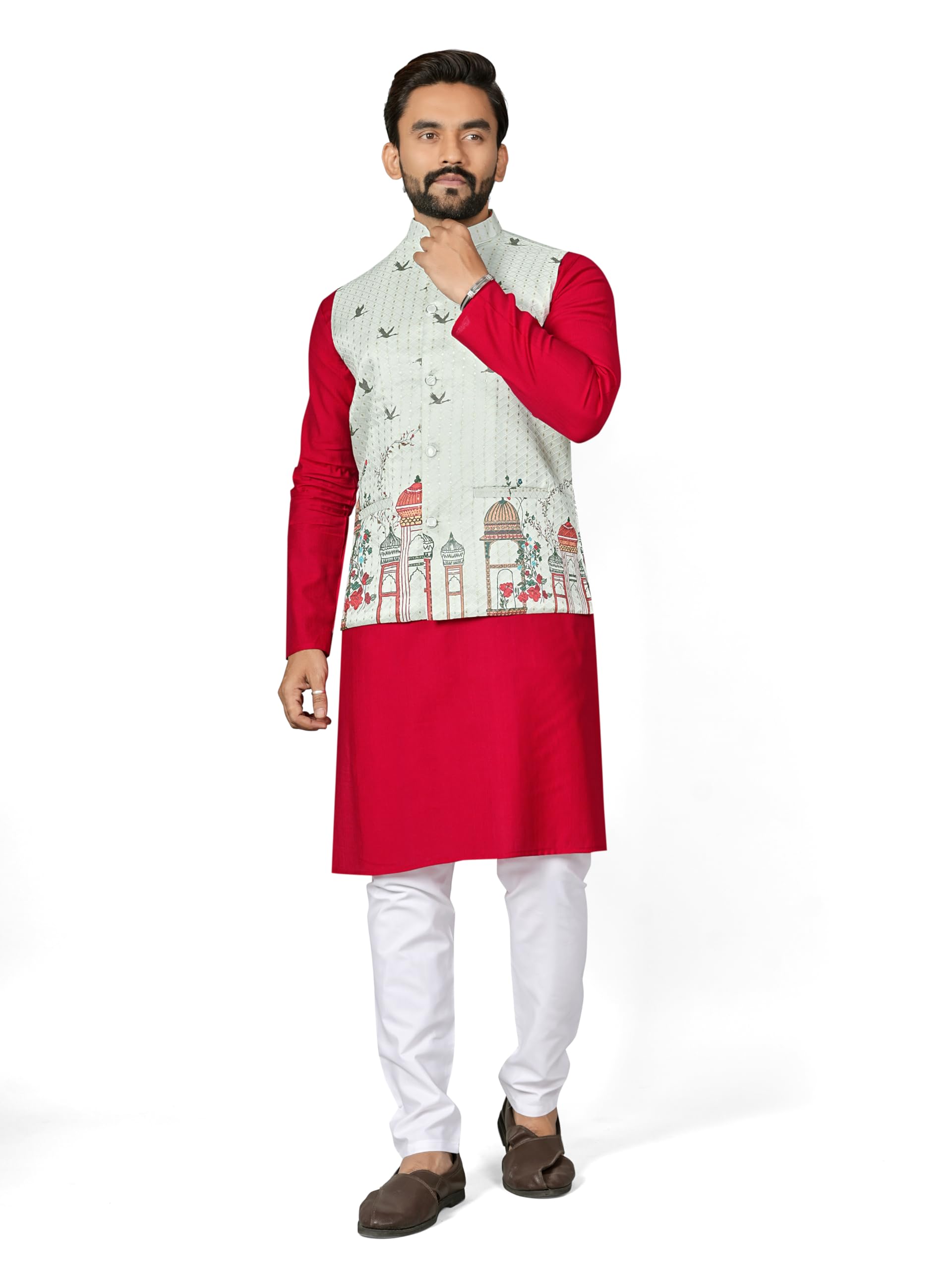Men’s Cotton Blend Kurta Pyjama Set with Stylish Printed Nehru Jacket |Ethnic Wear for Wedding| Festive and Party Occasion-picture-47